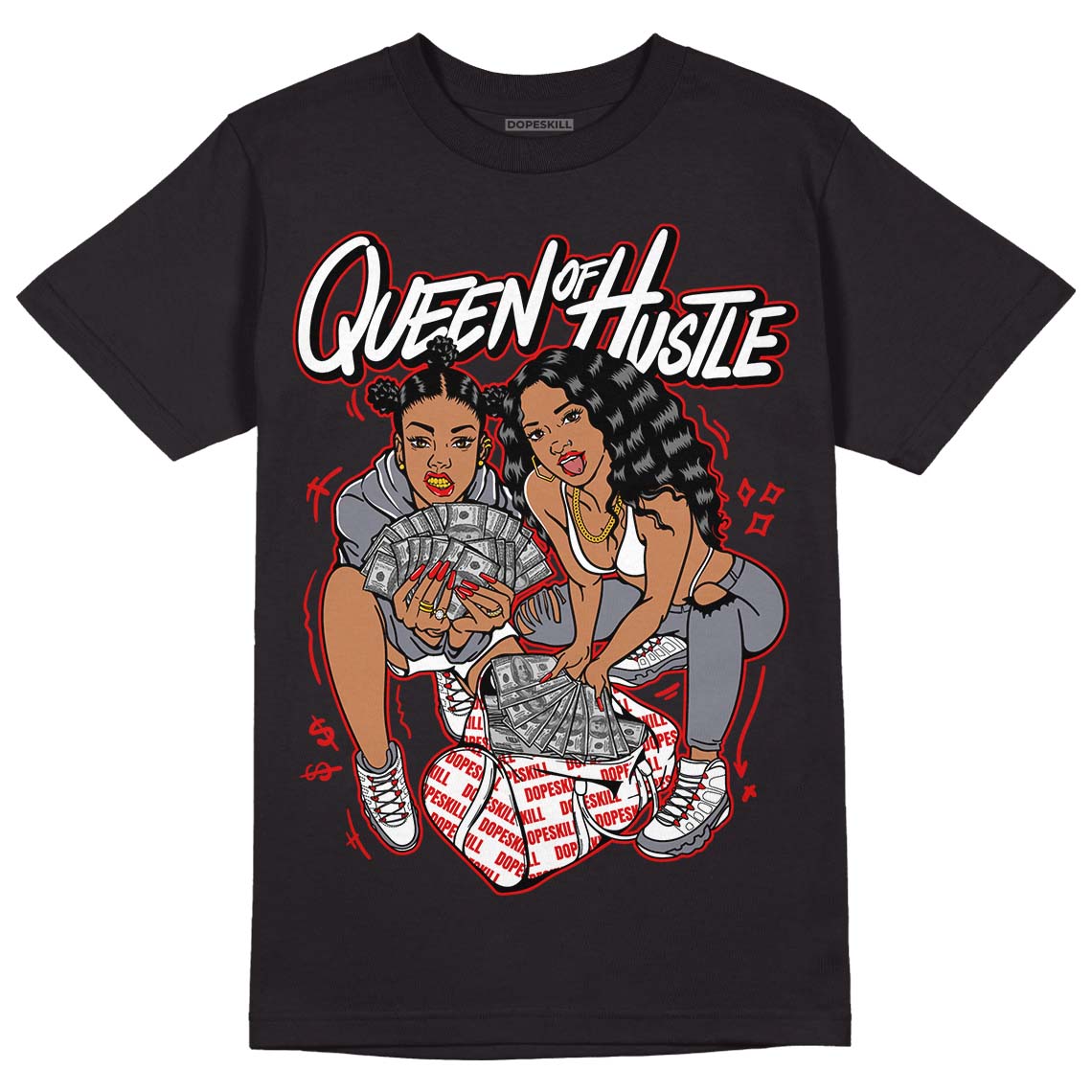 Fire Red 9s DopeSkill T-Shirt Queen Of Hustle Graphic - Black