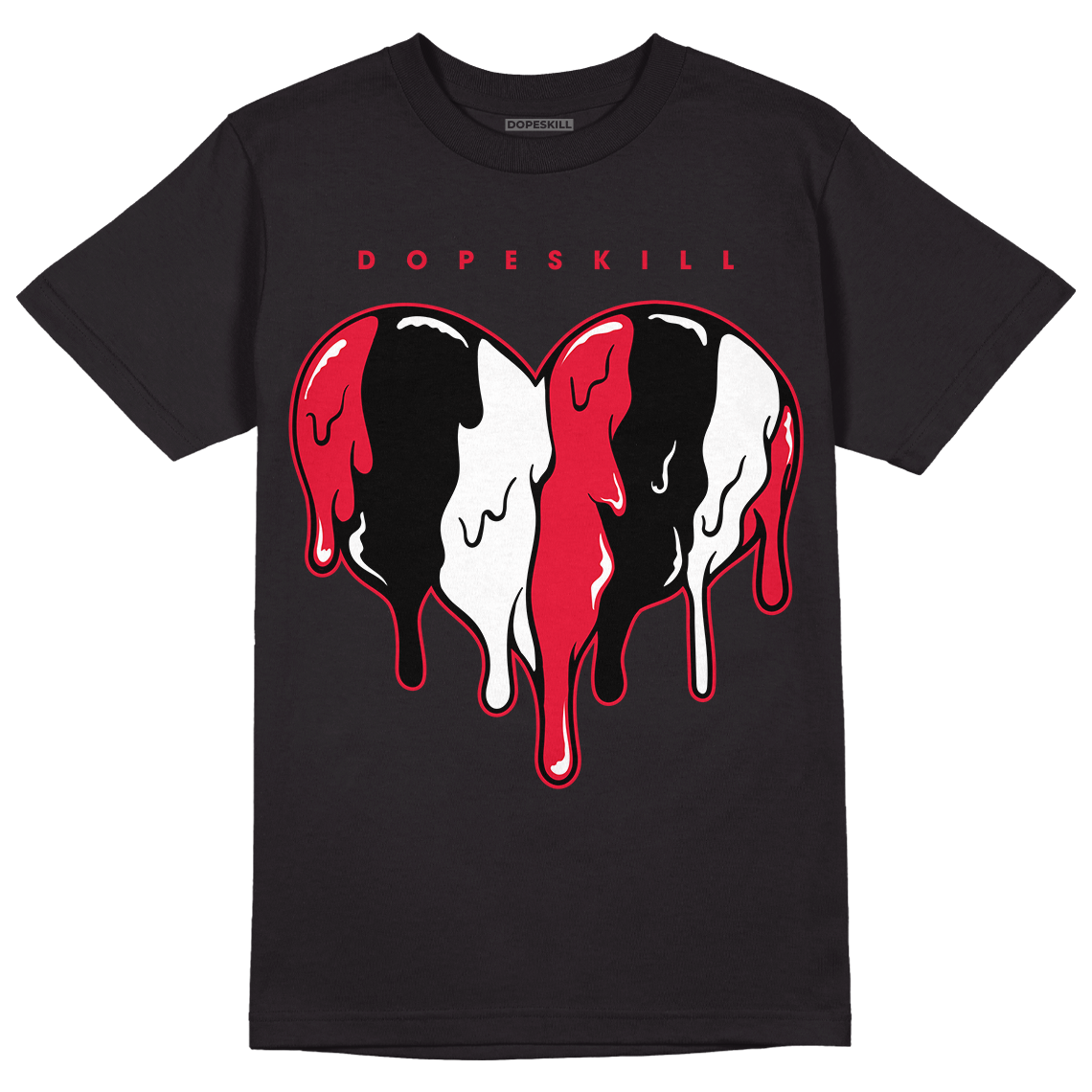 Red Black White DopeSkill T-Shirt Slime Drip Heart Graphic - Black