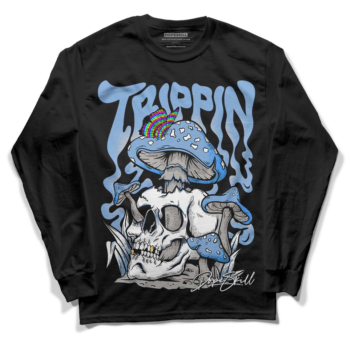 Jordan 5 Retro University Blue DopeSkill Long Sleeve T-Shirt Trippin Graphic Streetwear - Black