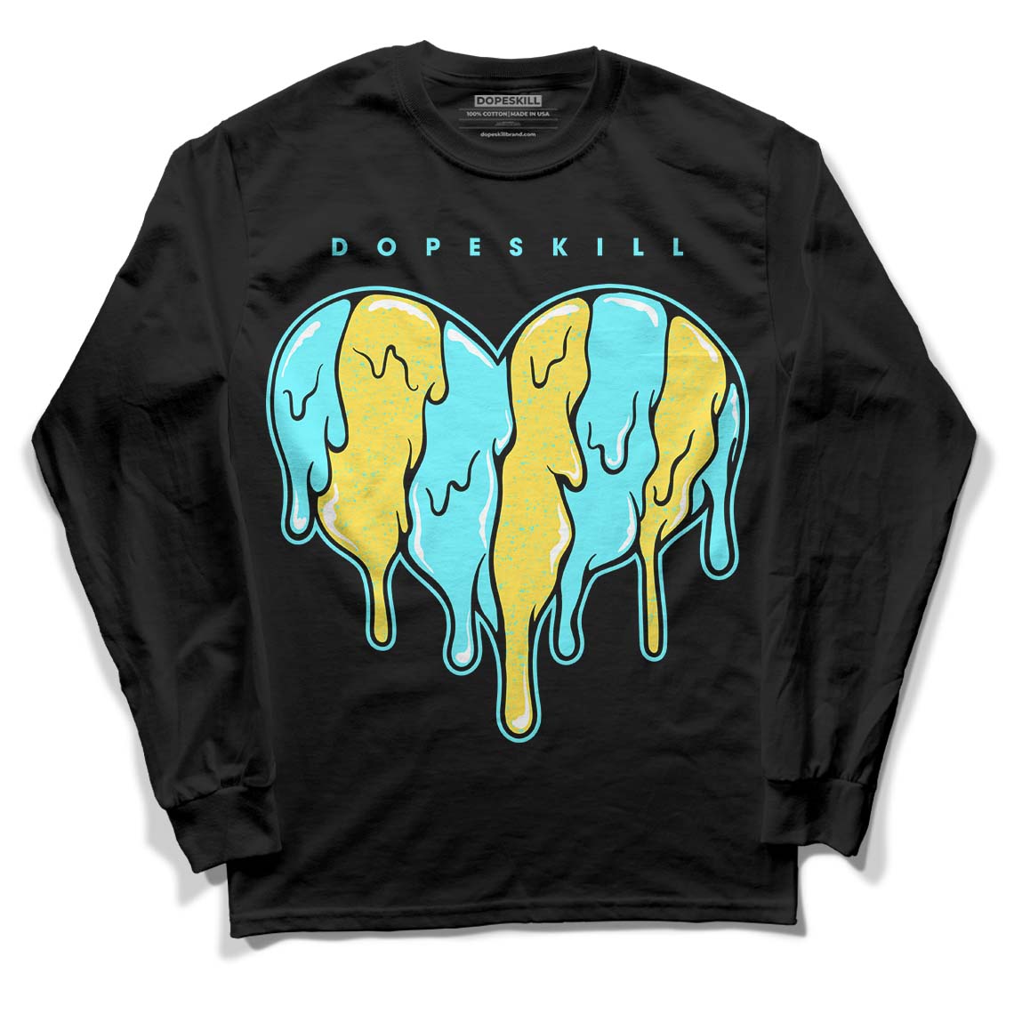 Aqua 5s DopeSkill Long Sleeve T-Shirt Slime Drip Heart Graphic - Black