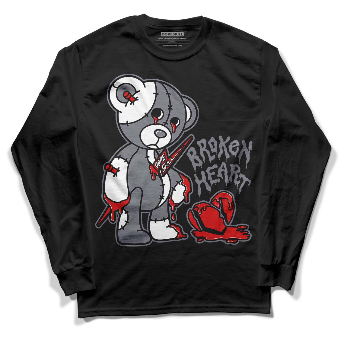 Fire Red 9s DopeSkill Long Sleeve T-Shirt Broken Heart Graphic - Black