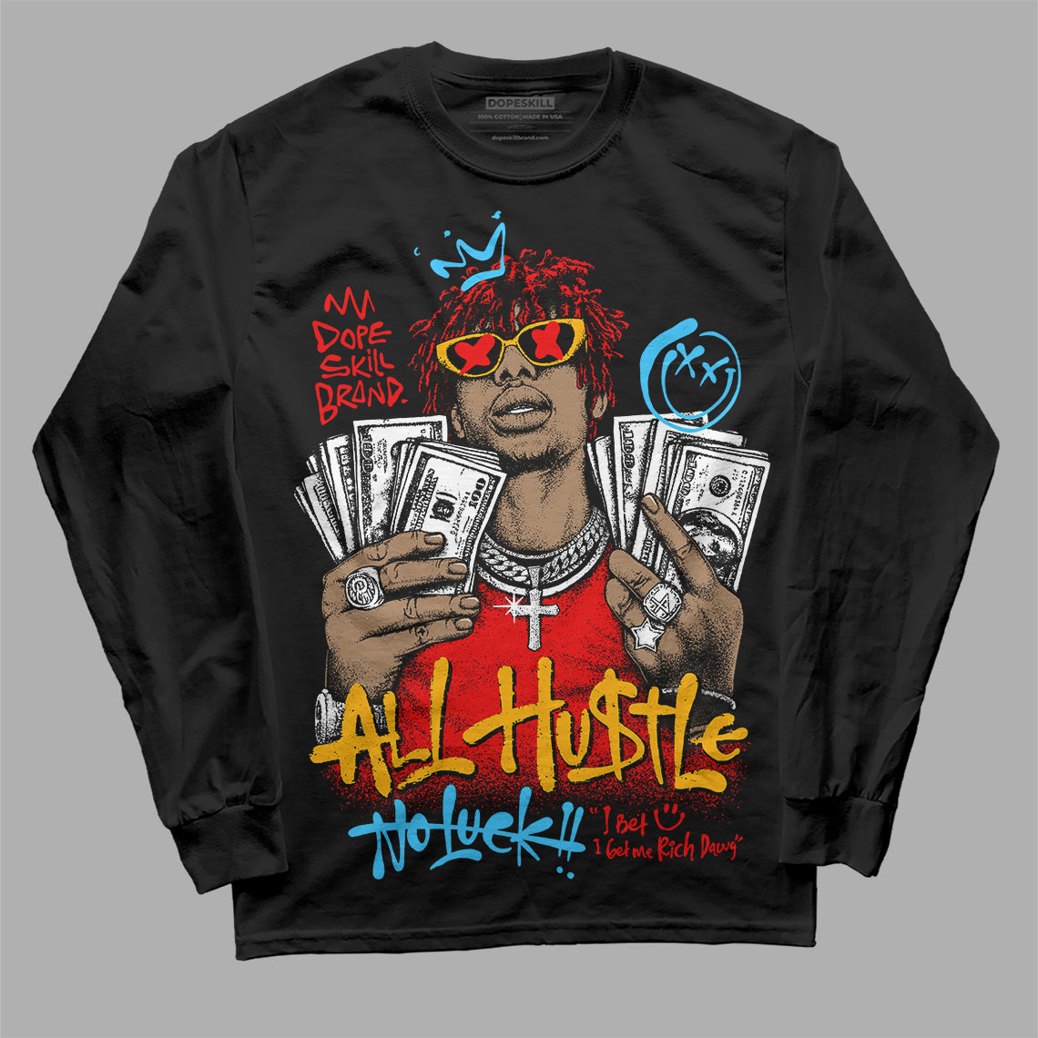 Red Sneakers DopeSkill Long Sleeve T-Shirt All Hustle No Luck Graphic Streetwear - black