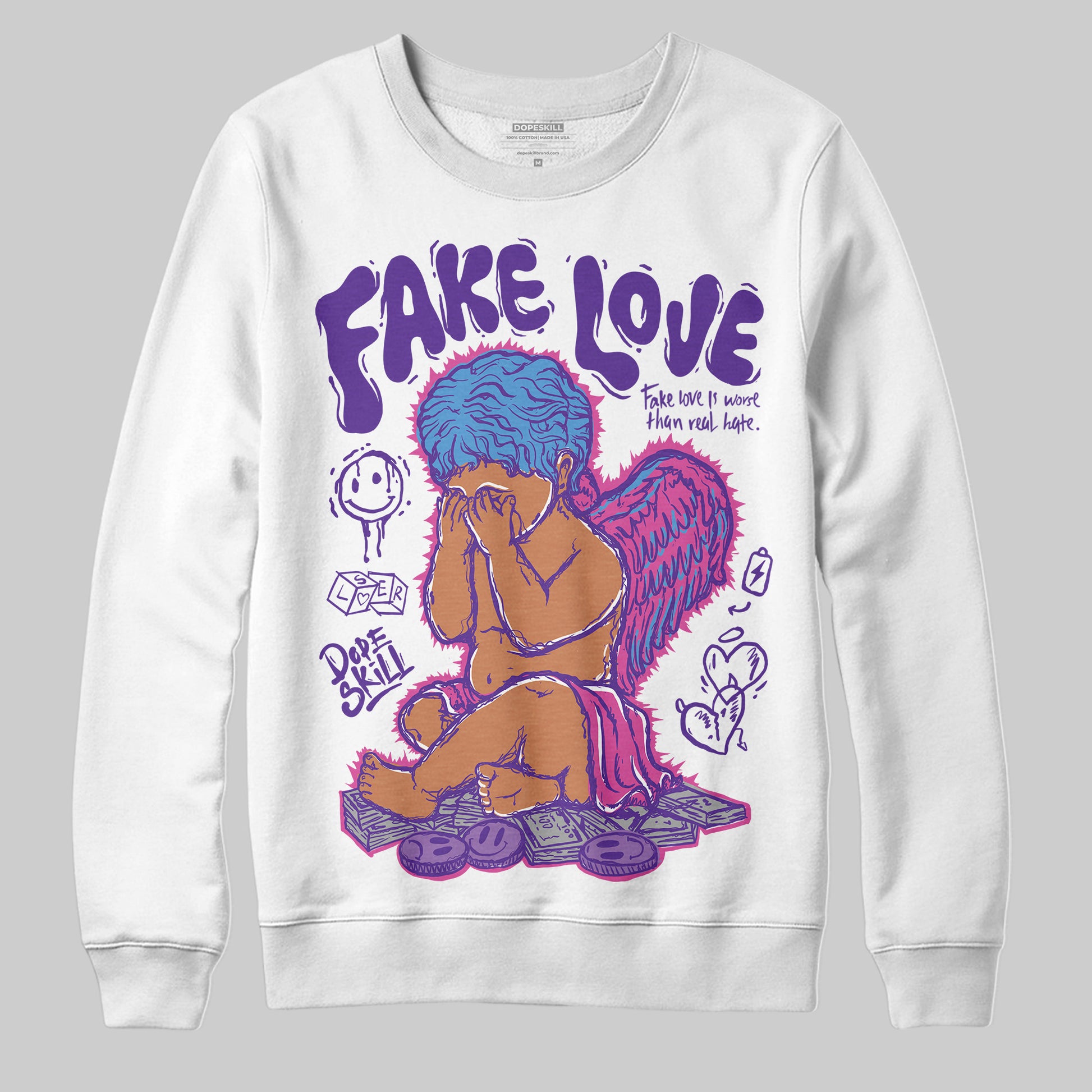 PURPLE Sneakers DopeSkill Sweatshirt New Fake Love Graphic Streetwear - WHite