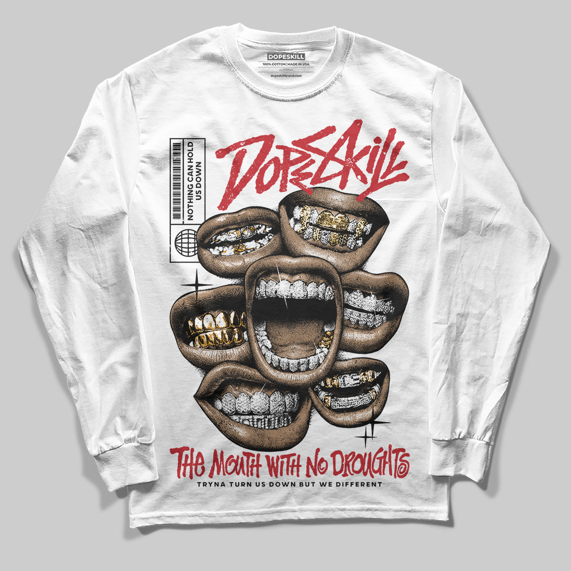 Jordan 11 Retro Low Bred (2025) DopeSkill Long Sleeve T-Shirt The Mouth With No Droughts Graphic Streetwear - White