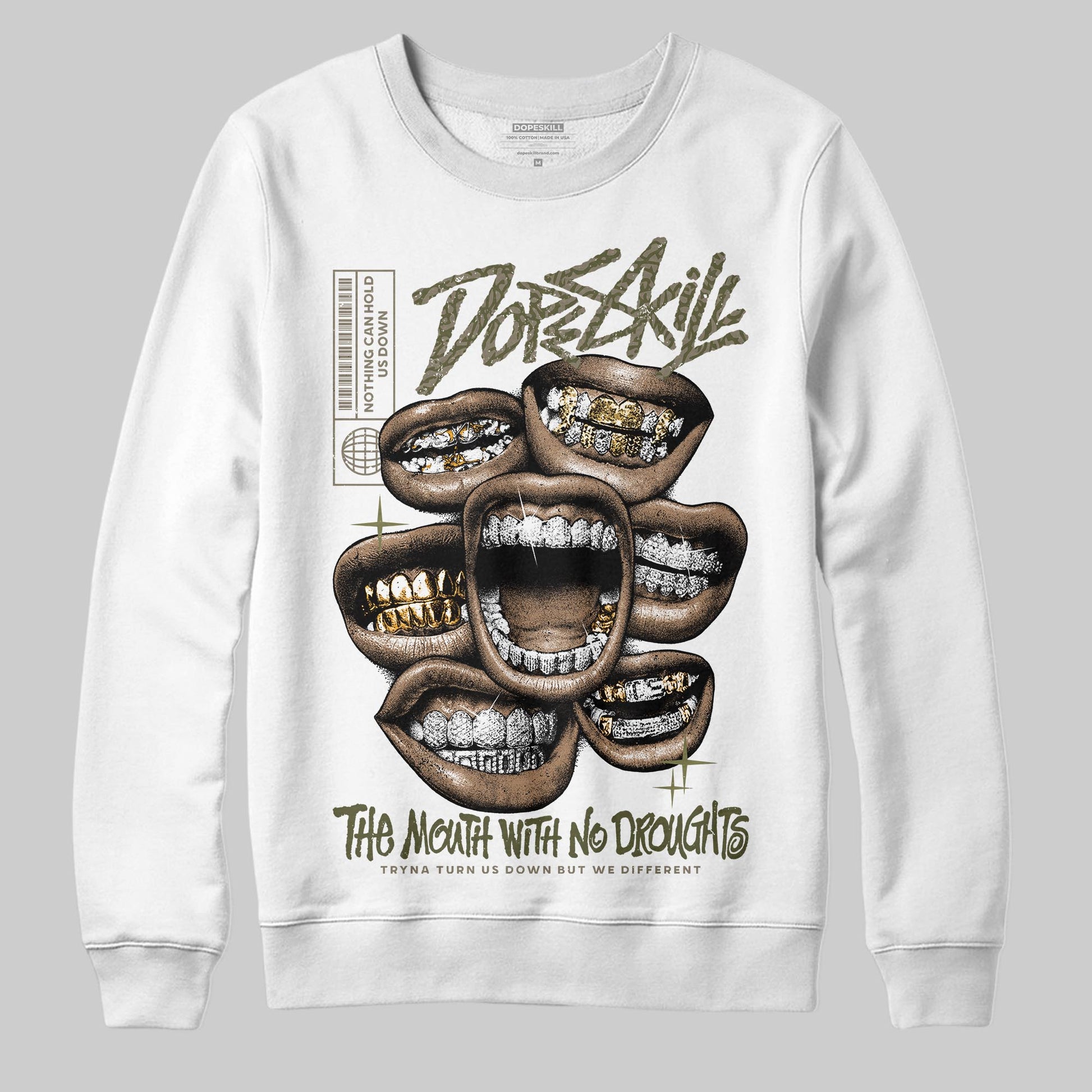 Jordan 3 “Medium Olive” aka “Family Affair” DopeSkill Sweatshirt The Mouth With No Droughts Graphic Streetwear - White 