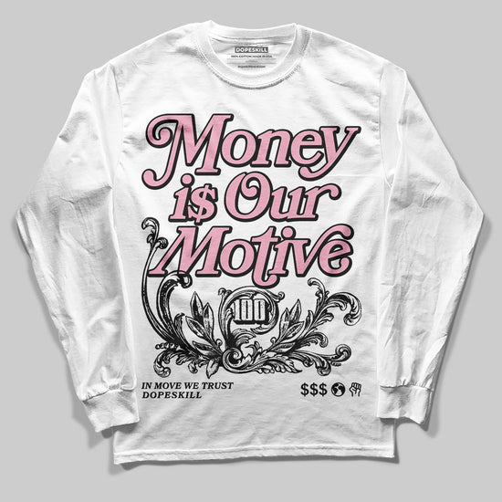 AMIRI White & Pink Stars Court Sneakers DopeSkill Long Sleeve T-Shirt Money Is Our Motive Typo Graphic Streetwear - White