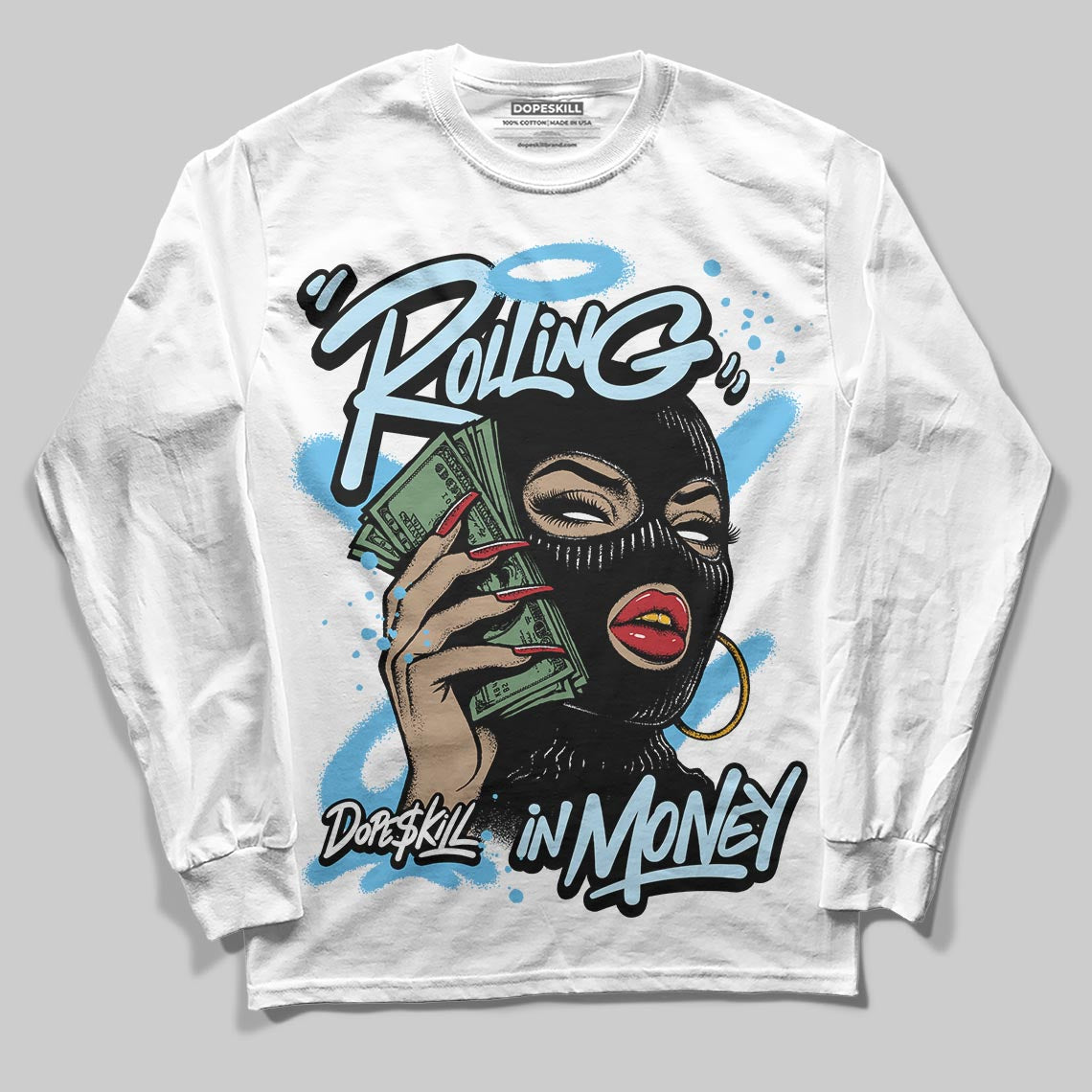 Jordan 11 Retro Legend Blue DopeSkill Long Sleeve T-Shirt Rolling in Money Graphic Streetwear - White