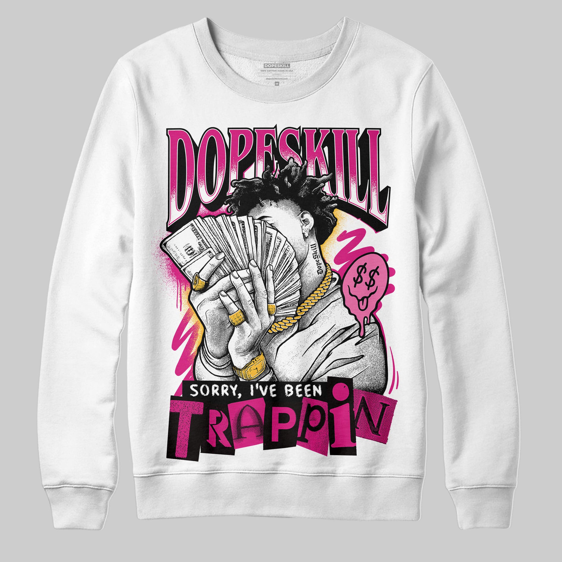 Rick Owens Pink Leather Low Sneakers DopeSkill Sweatshirt Sorry I've Been Trappin Graphic Streetwear - White