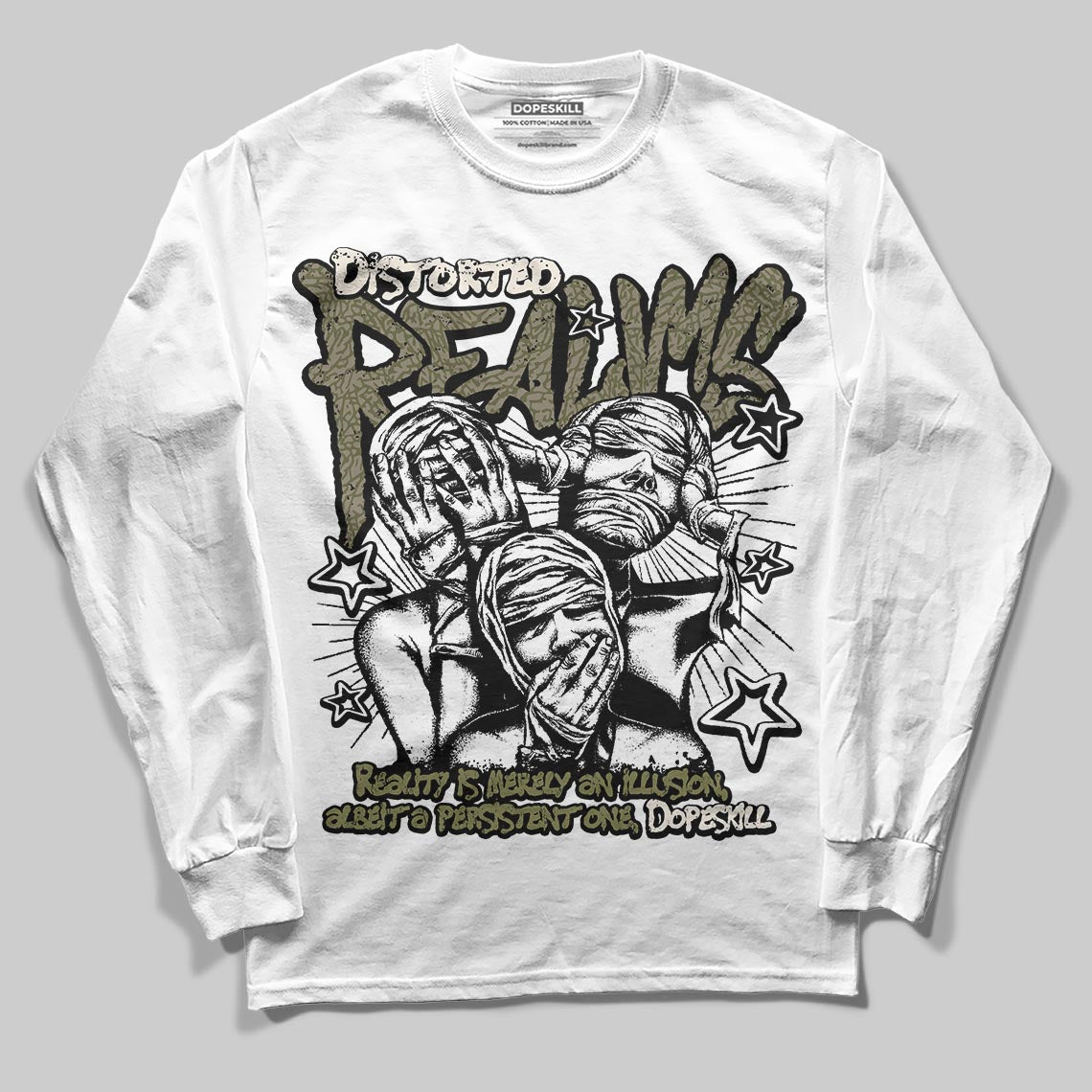 Jordan 3 “Medium Olive” aka “Family Affair” DopeSkill Long Sleeve T-Shirt Distorted Realms Graphic Streetwear - White