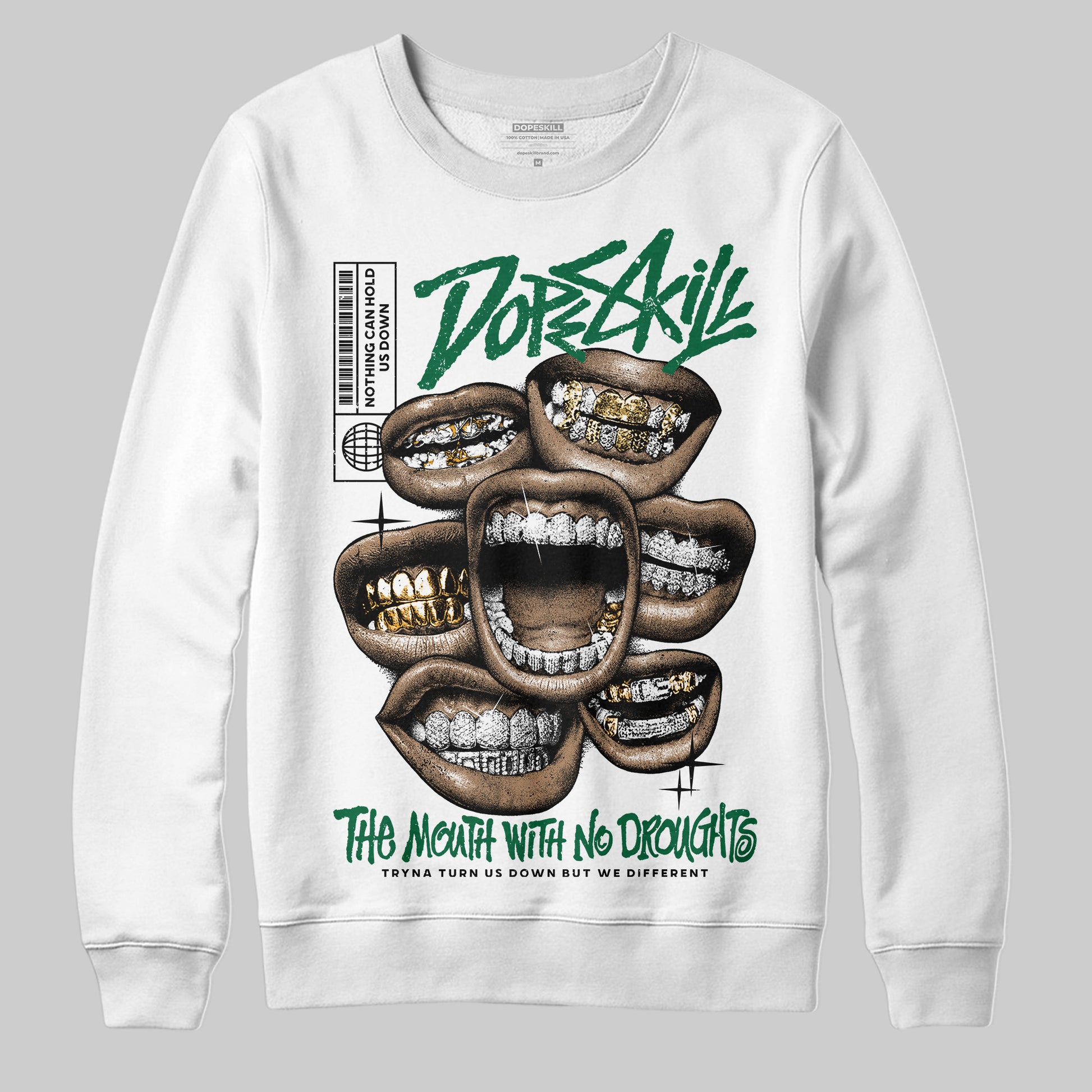 Jordan 13 GS “Pine Green” DopeSkill Sweatshirt The Mouth With No Droughts Graphic Streetwear - White