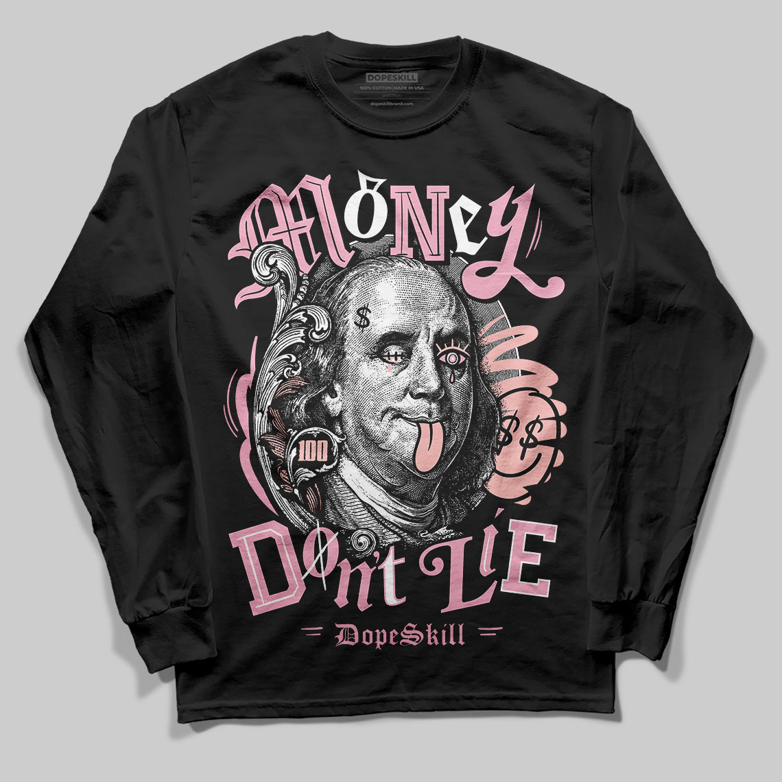 AMIRI White & Pink Stars Court Sneakers DopeSkill Long Sleeve T-Shirt Money Don't Lie Graphic Streetwear - Black