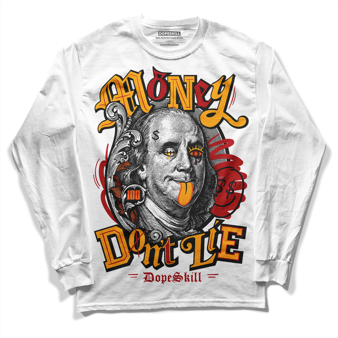 Jordan 7 Citrus DopeSkill Long Sleeve T-Shirt Money Don't Lie Graphic Streetwear - White