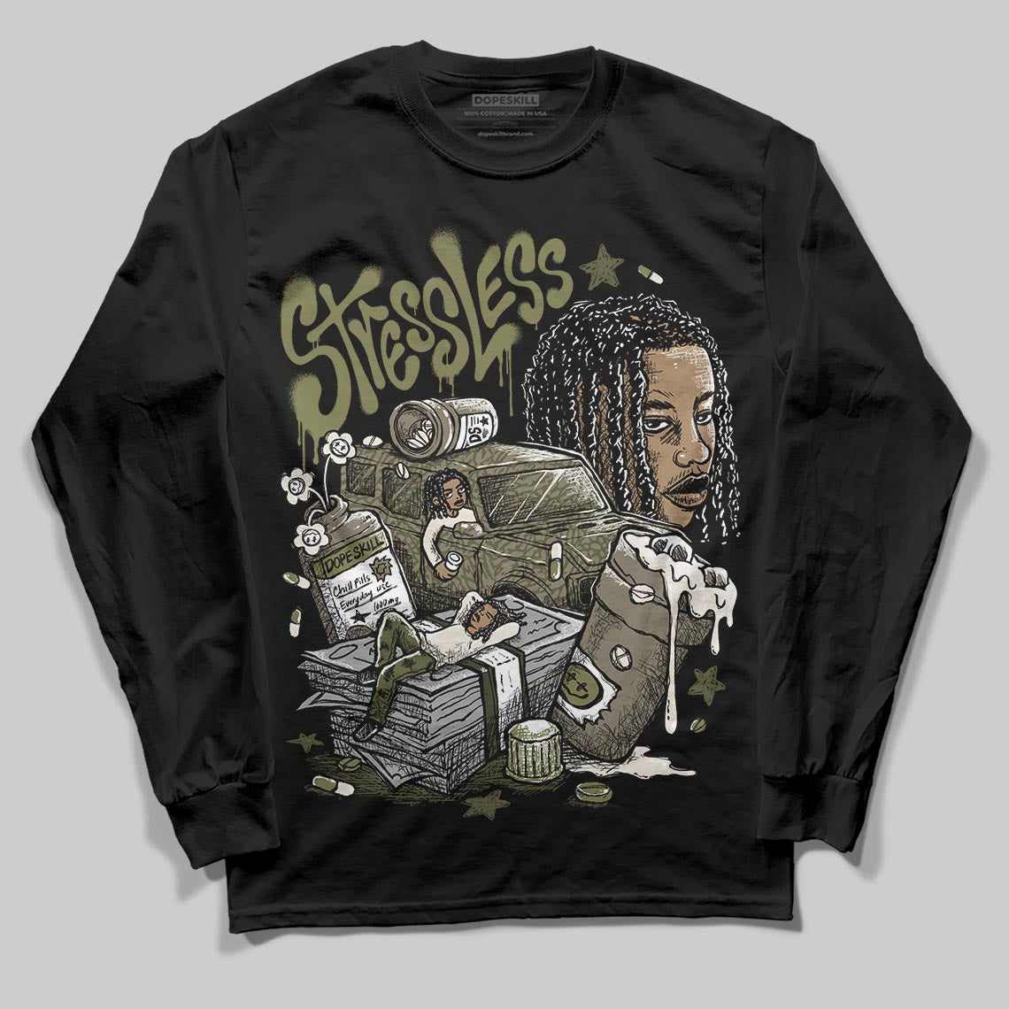 Jordan 3 “Medium Olive” aka “Family Affair” DopeSkill Long Sleeve T-Shirt Stressless Graphic Streetwear - black