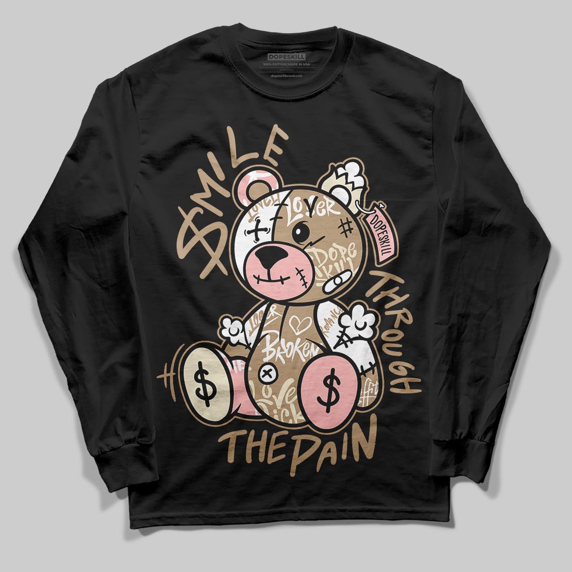 Nike Air Force 1 Low Canvas “Linen” DopeSkill Long Sleeve T-Shirt Smile Through The Pain Graphic Streetwear - Black