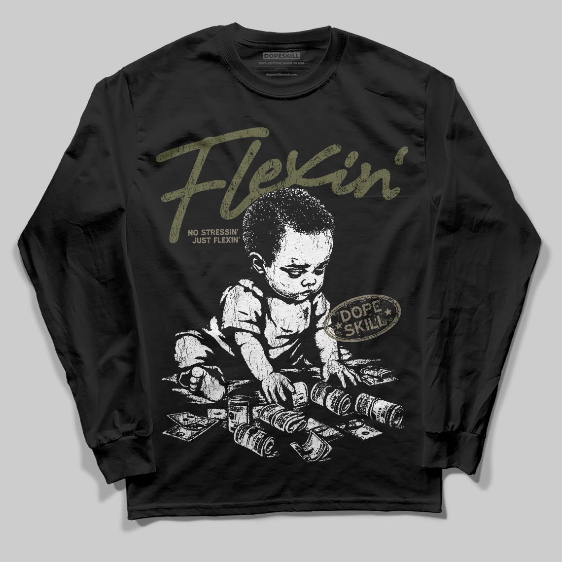 Jordan 3 “Medium Olive” aka “Family Affair” DopeSkill Long Sleeve T-Shirt Flexin' Graphic Streetwear - Black