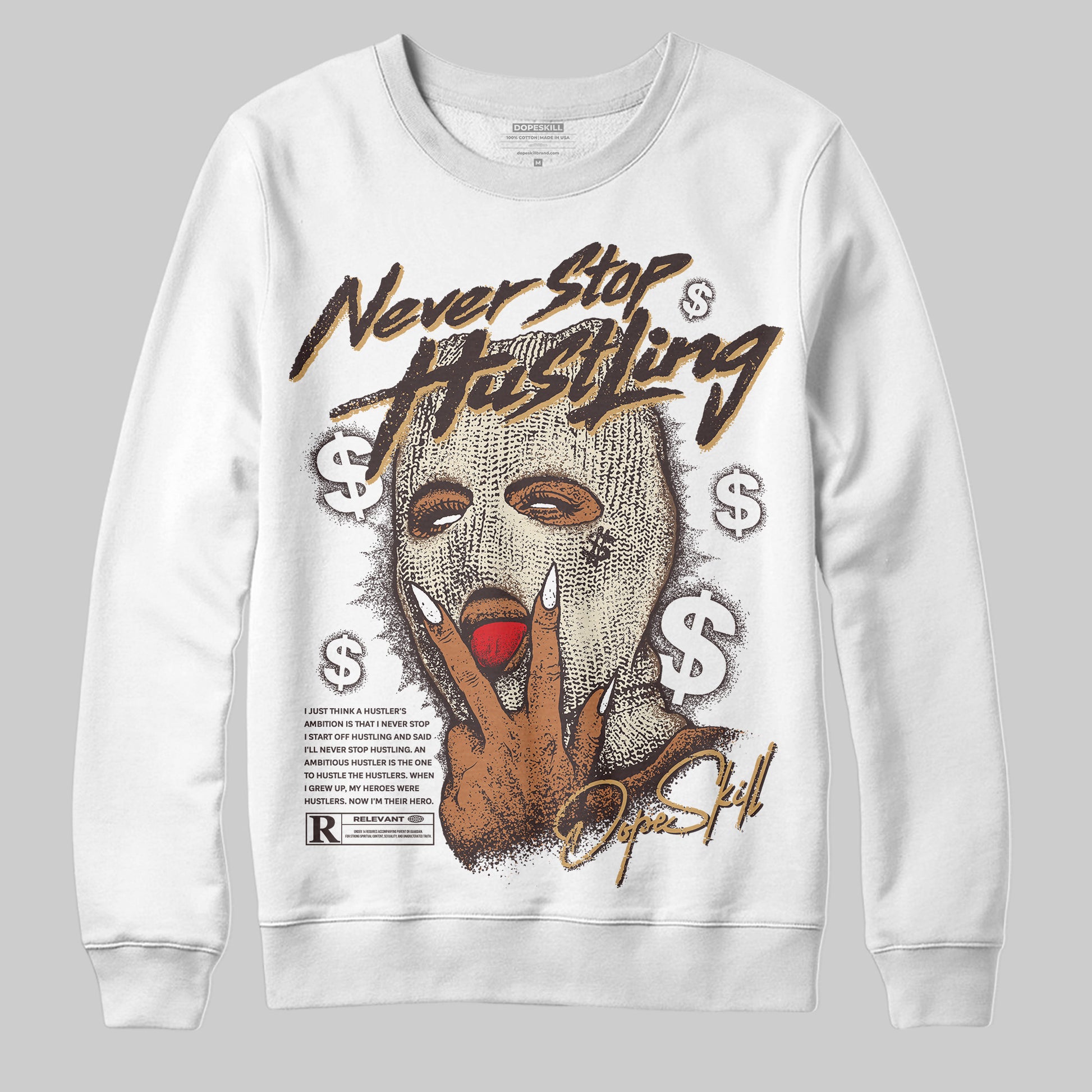 Jordan 5 “Earth/Metallic Gold” DopeSkill Sweatshirt Never Stop Hustling Graphic Streetwear - White