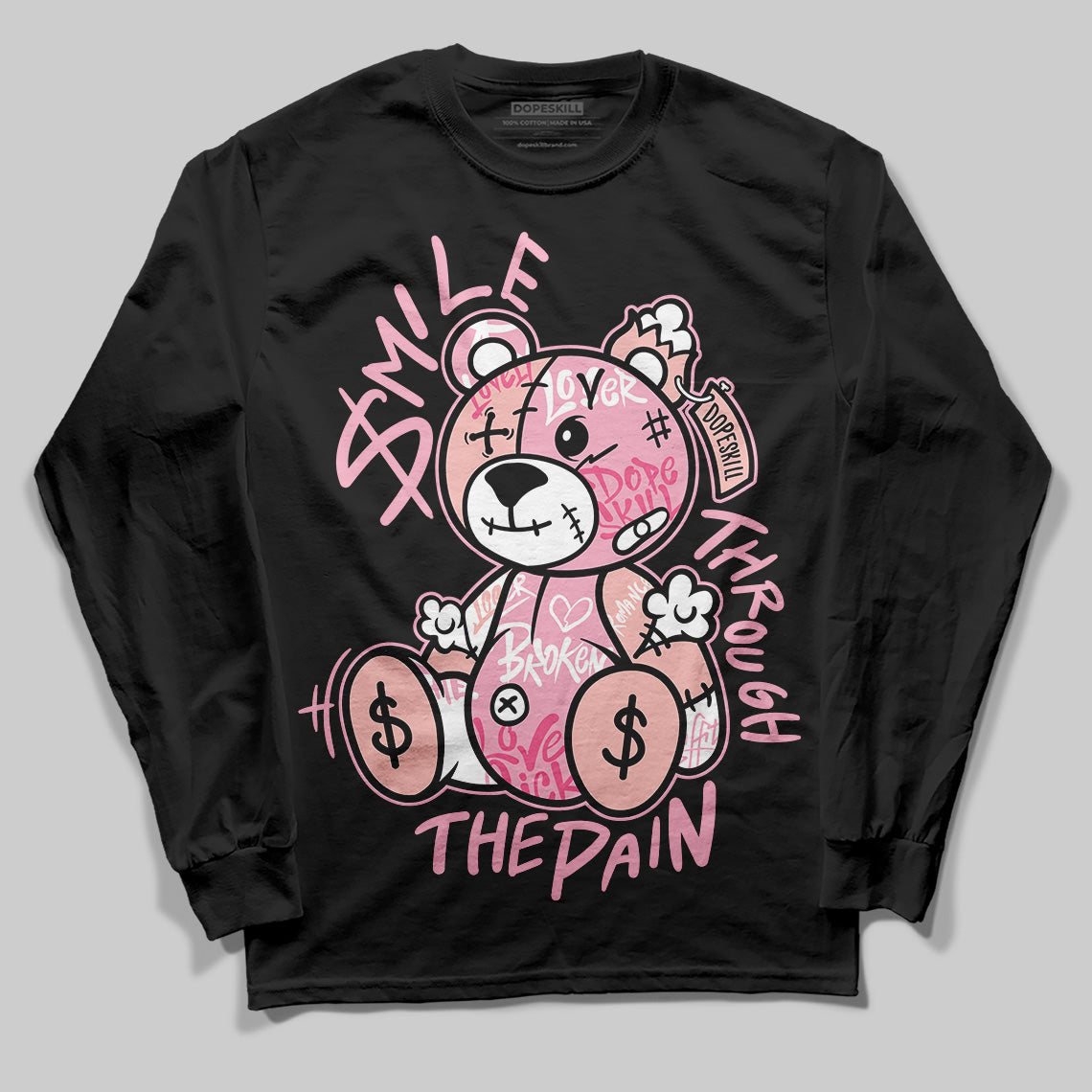 AMIRI White & Pink Stars Court Sneakers DopeSkill Long Sleeve T-Shirt Smile Through The Pain Graphic Streetwear - Black