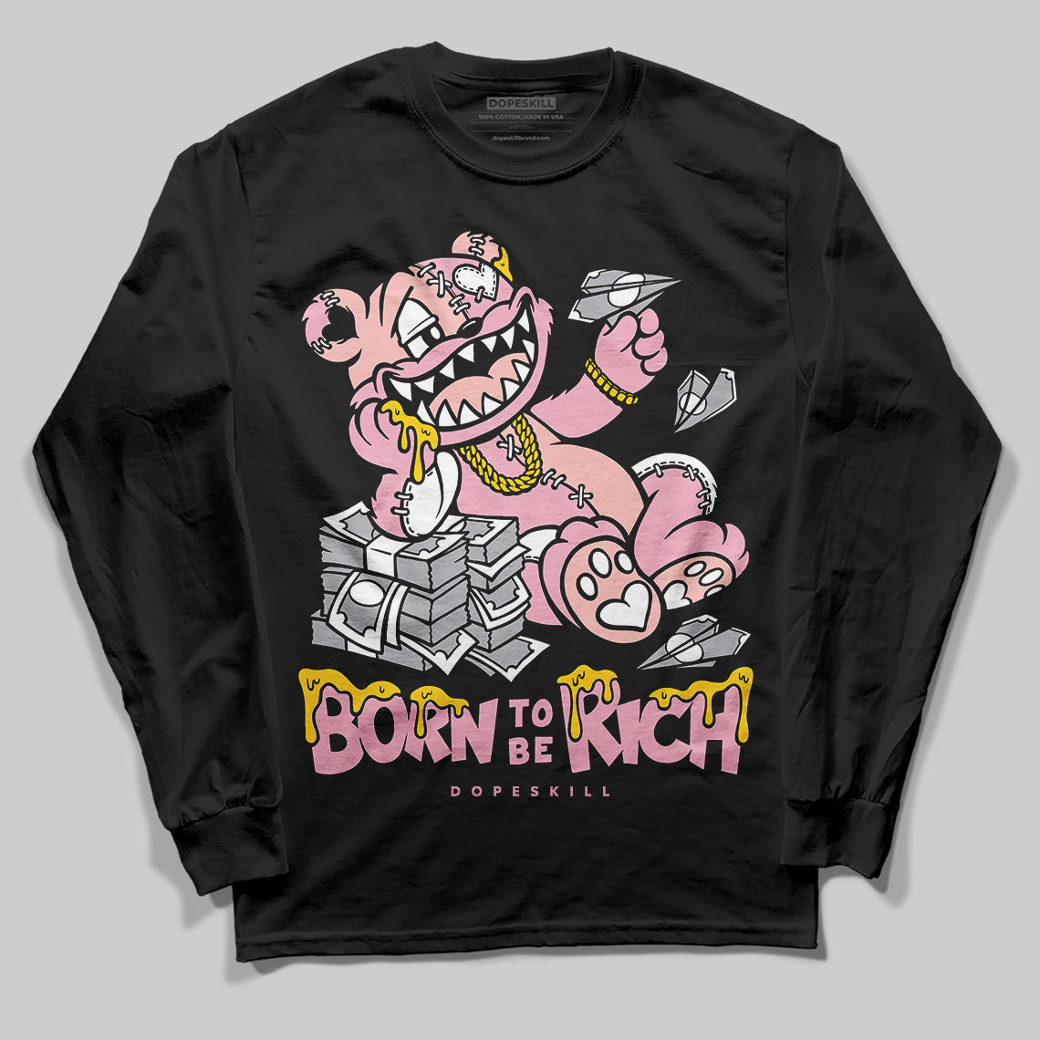 AMIRI White & Pink Stars Court Sneakers DopeSkill Long Sleeve T-Shirt Born To Be Rich Graphic Streetwear - Black