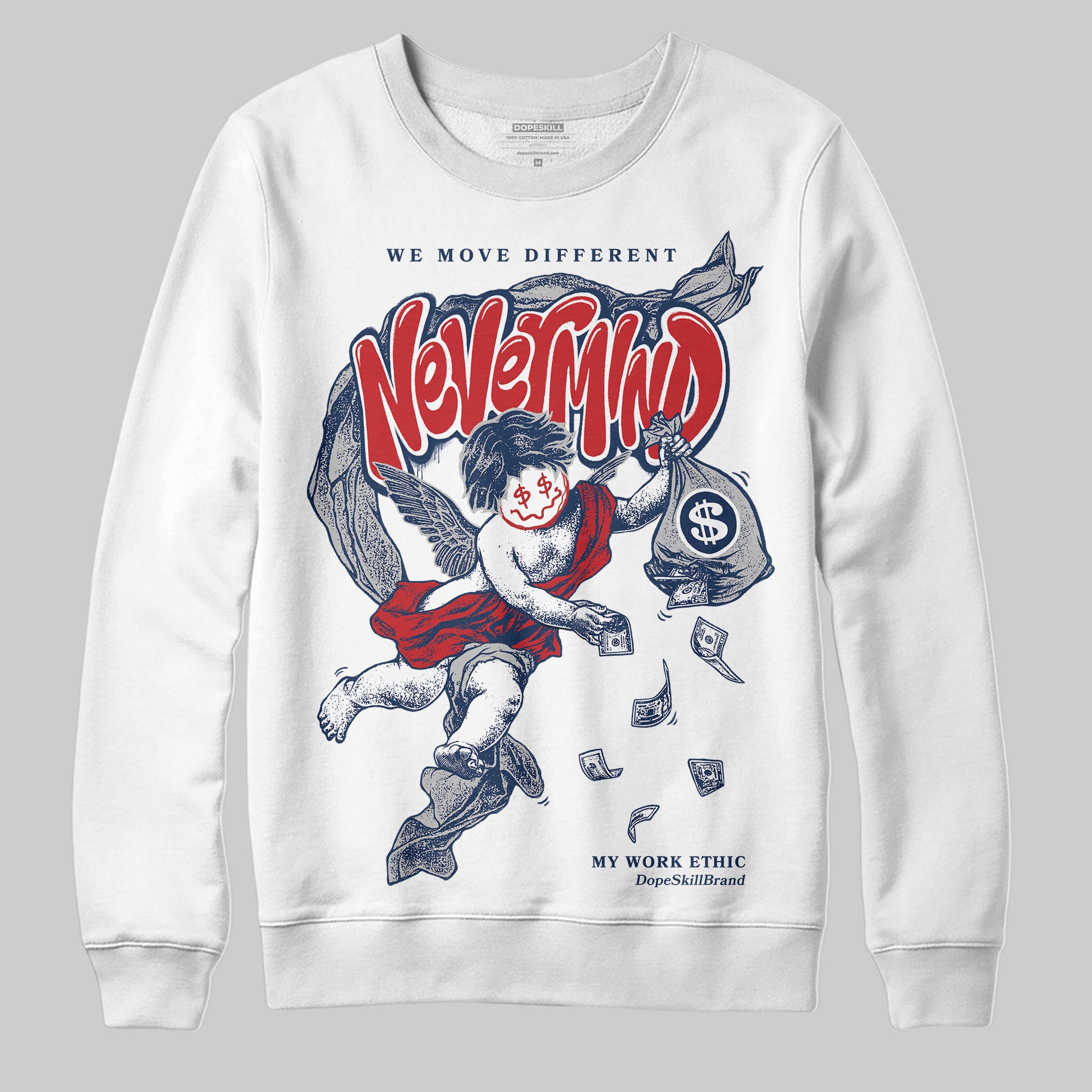 Jordan 4 SB “Summit White/Navy” DopeSkill Sweatshirt Nevermind Graphic Streetwear - White 