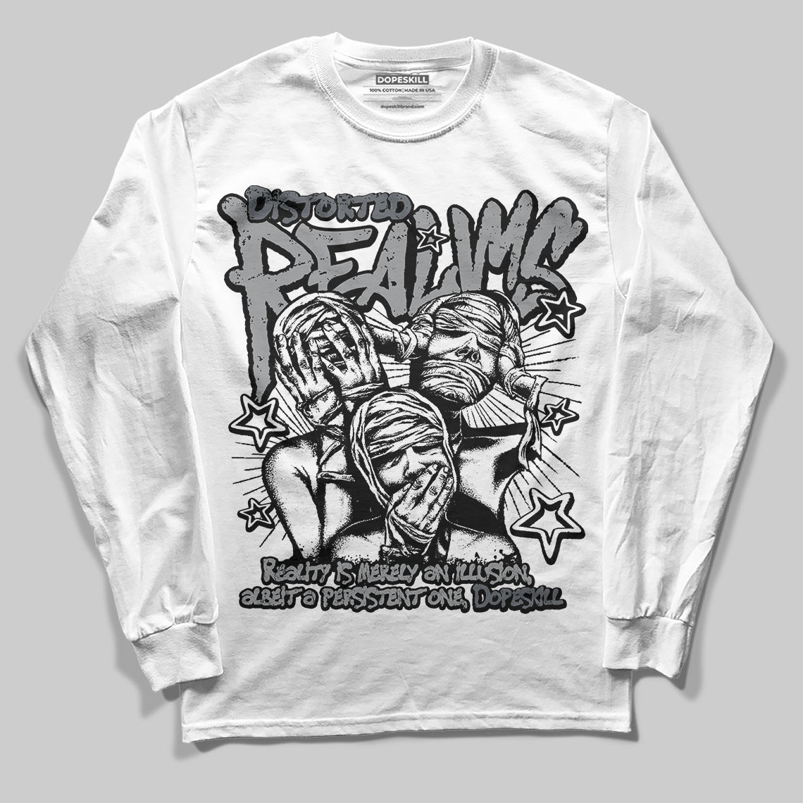 Jordan 5 Retro Wolf Grey (2026) DopeSkill Long Sleeve T-Shirt Distorted Realms Graphic Streetwear - White
