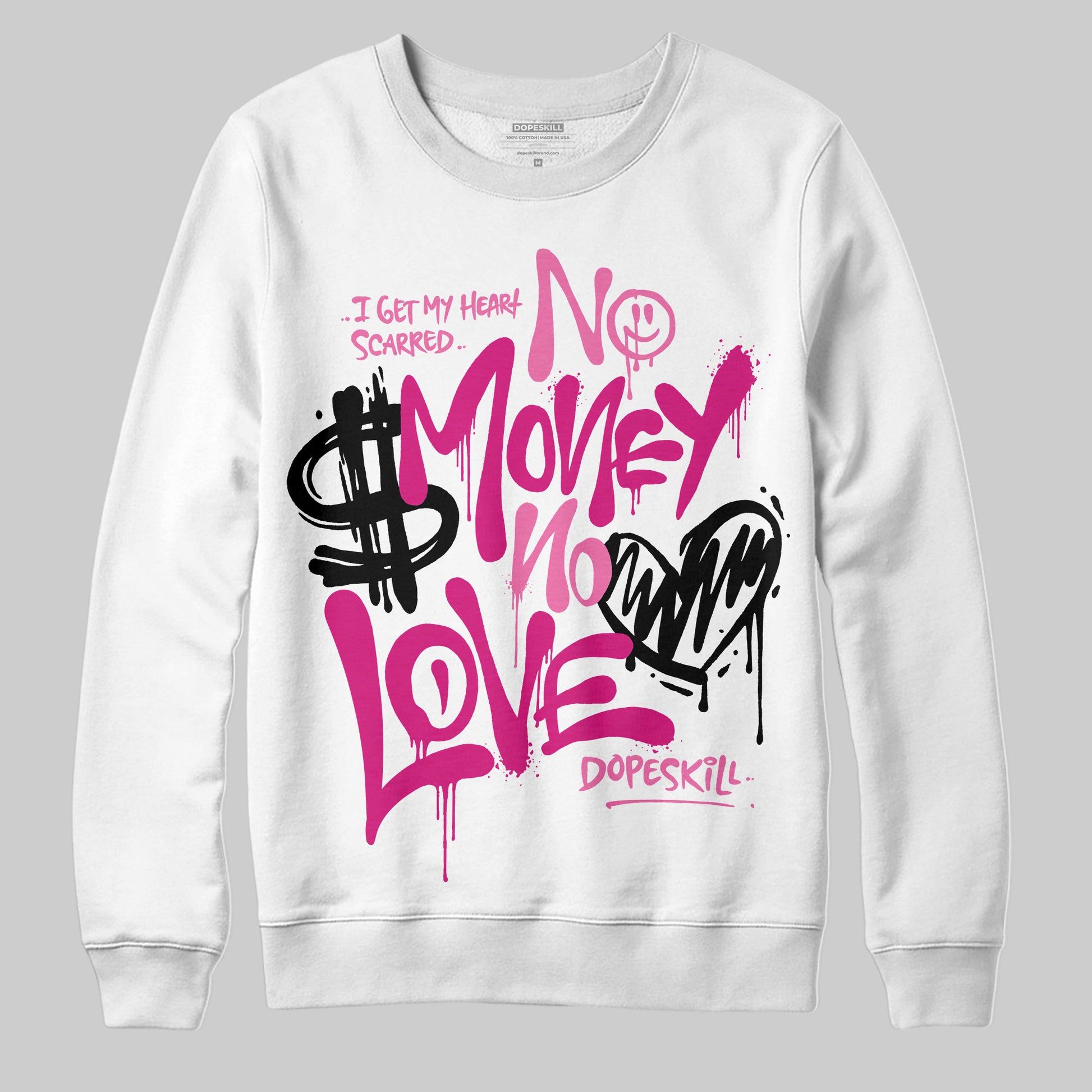 Rick Owens Pink Leather Low Sneakers DopeSkill Sweatshirt No Money No Love Typo Graphic Streetwear - White