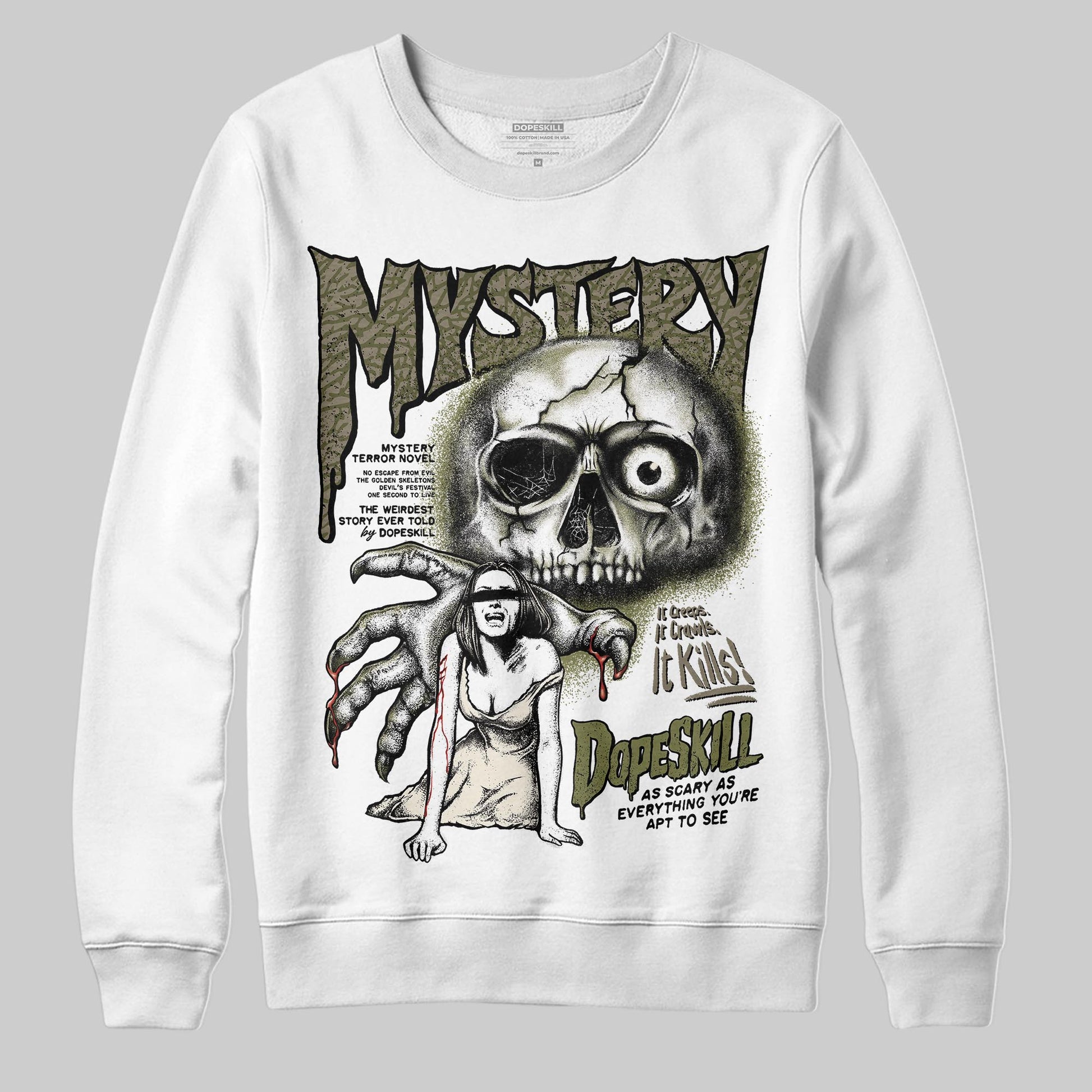 Jordan 3 “Medium Olive” aka “Family Affair” DopeSkill Sweatshirt Mystery Ghostly Grasp Graphic Streetwear - White