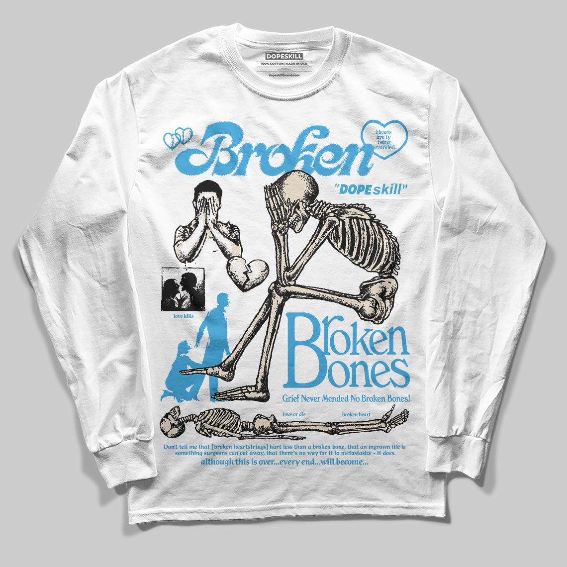 Jordan 1 High OG “UNC” Reimagined DopeSkill Long Sleeve T-Shirt Broken Bones Graphic Streetwear - White