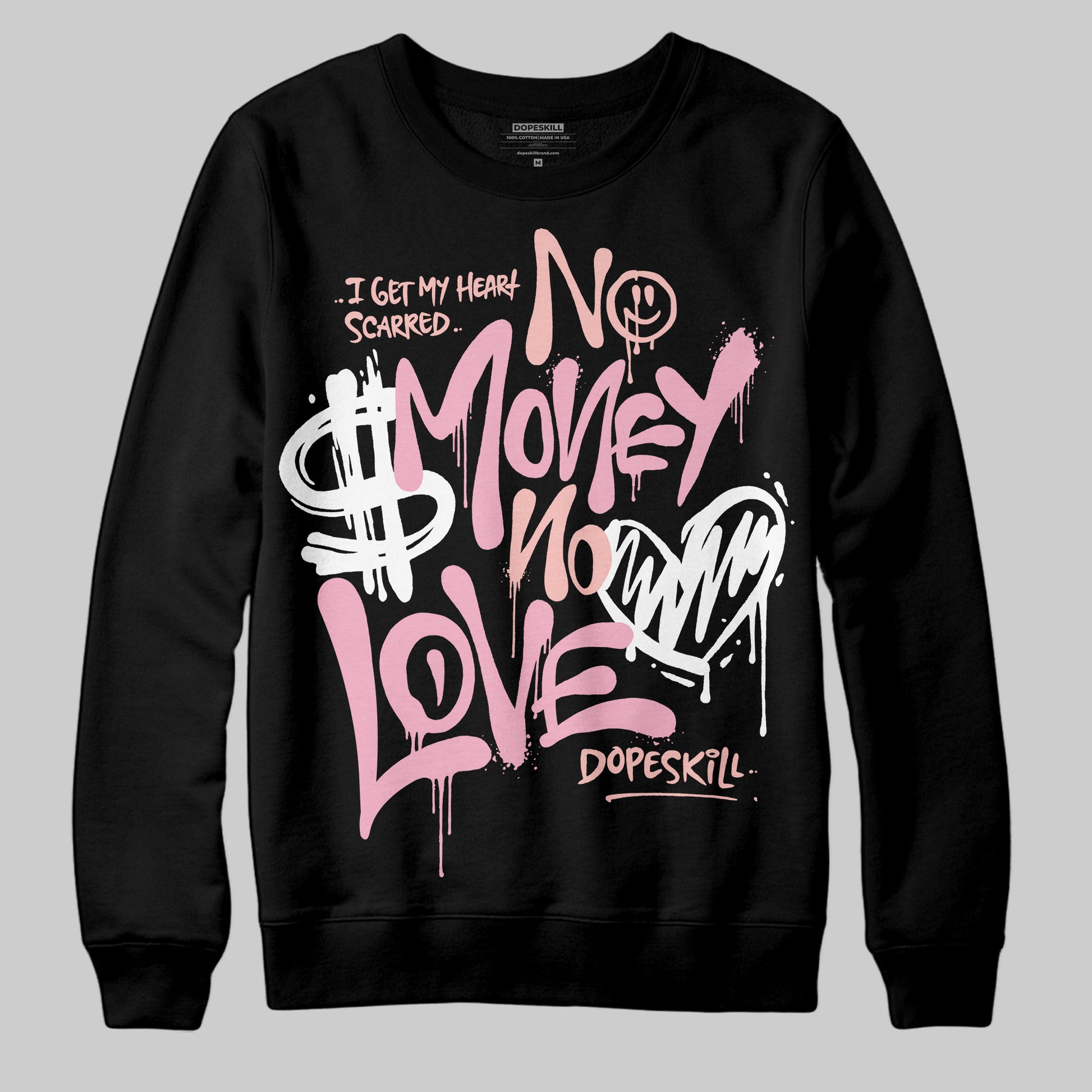 AMIRI White & Pink Stars Court Sneakers DopeSkill Sweatshirt No Money No Love Typo Graphic Streetwear - Black