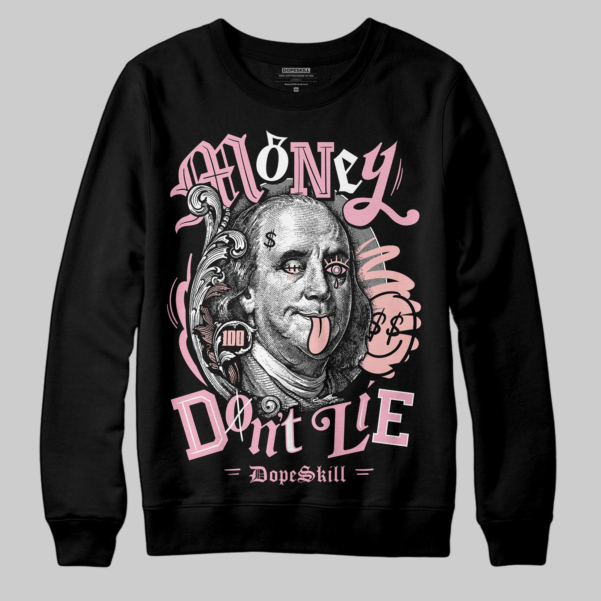 AMIRI White & Pink Stars Court Sneakers DopeSkill Sweatshirt Money Don't Lie Graphic Streetwear - Black