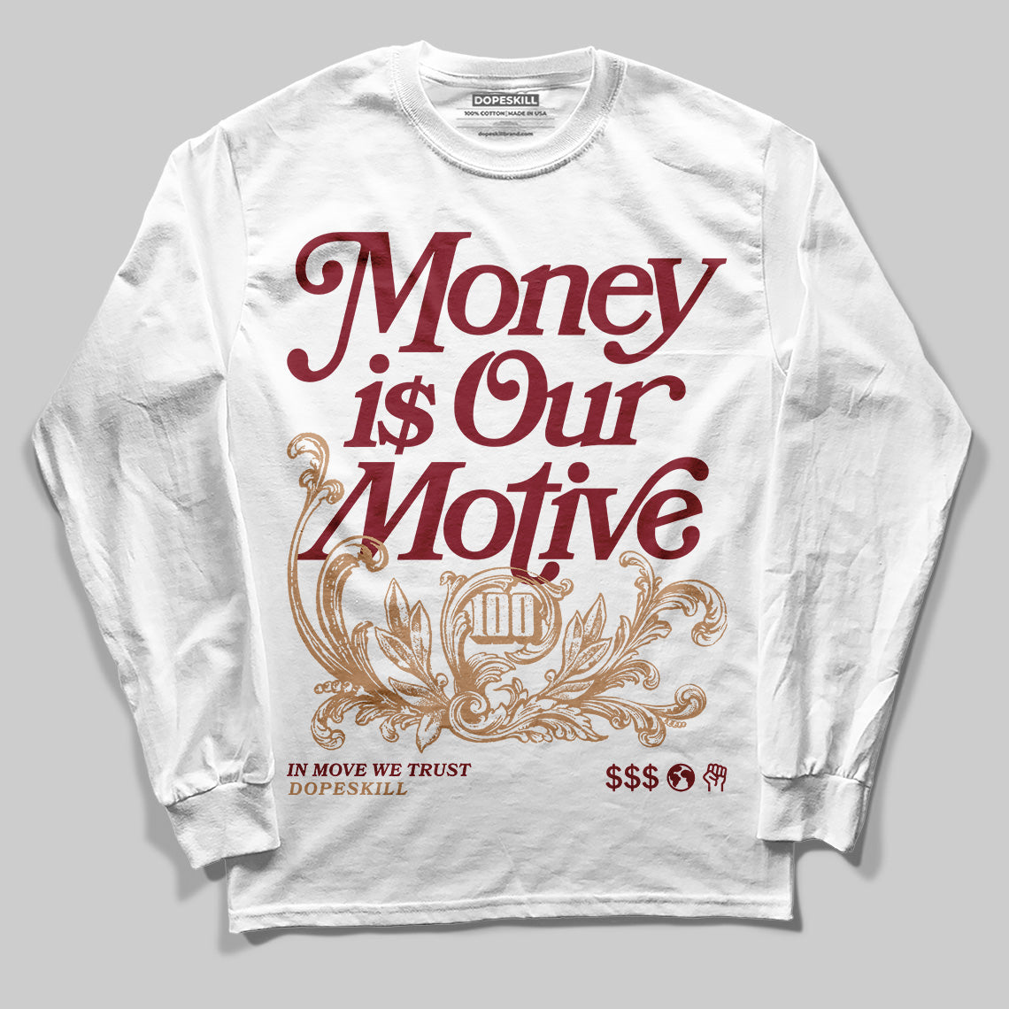 Adidas SAMBA OG ‘Collegiate Burgundy’ DopeSkill Long Sleeve T-Shirt Money Is Our Motive Typo Graphic Streetwear - White