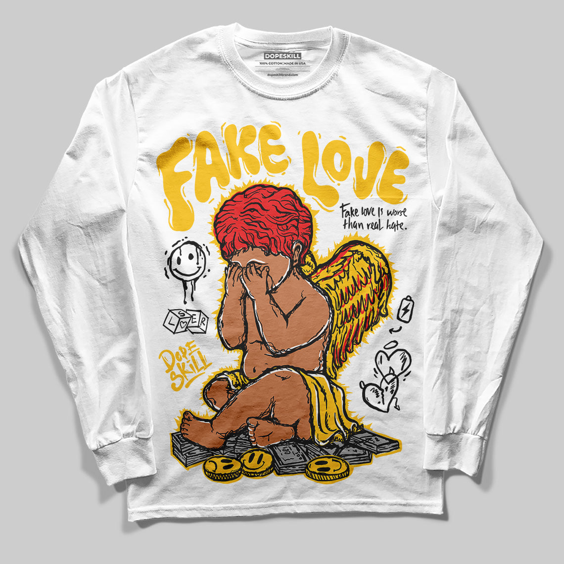 Yellow Sneakers DopeSkill Long Sleeve T-Shirt New Fake Love Graphic Streetwear - White