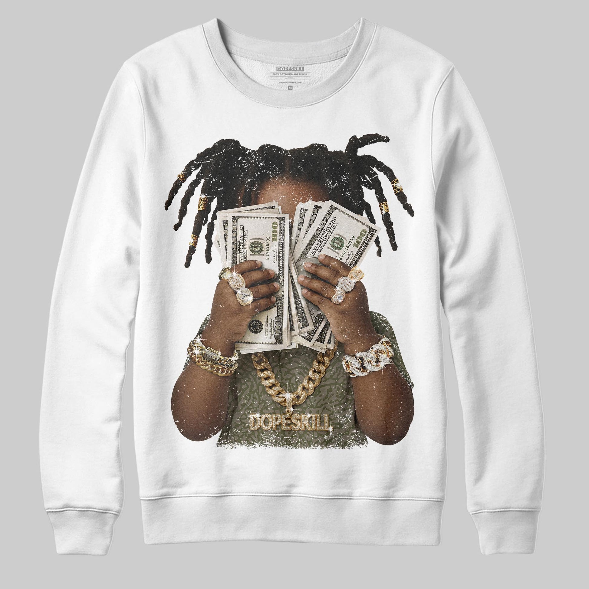 Jordan 3 “Medium Olive” aka “Family Affair” DopeSkill Sweatshirt Rich Youth Graphic Streetwear - White