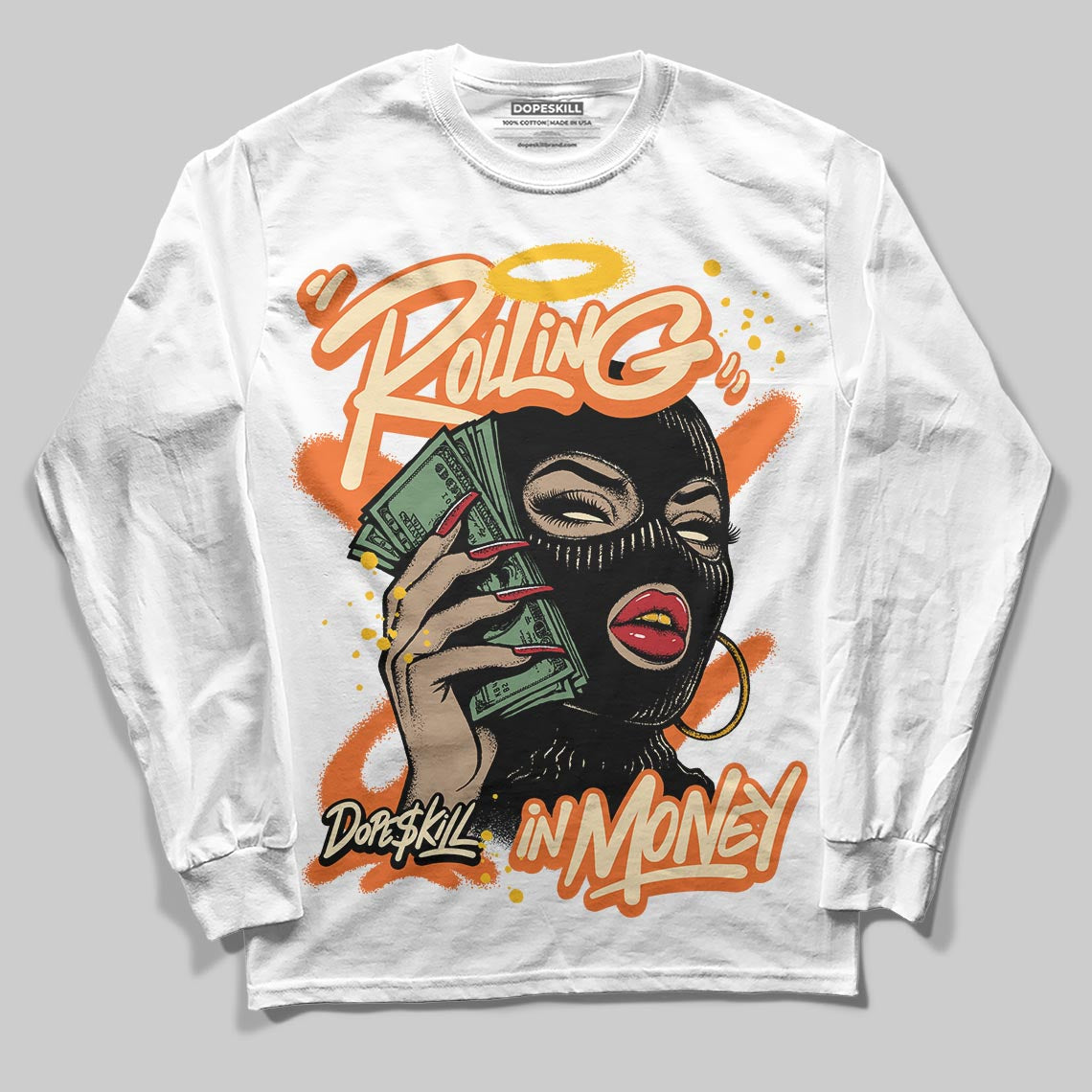 Orange, Black and White Sneakers DopeSkill Long Sleeve T-Shirt Rolling in Money Graphic Streetwear - White