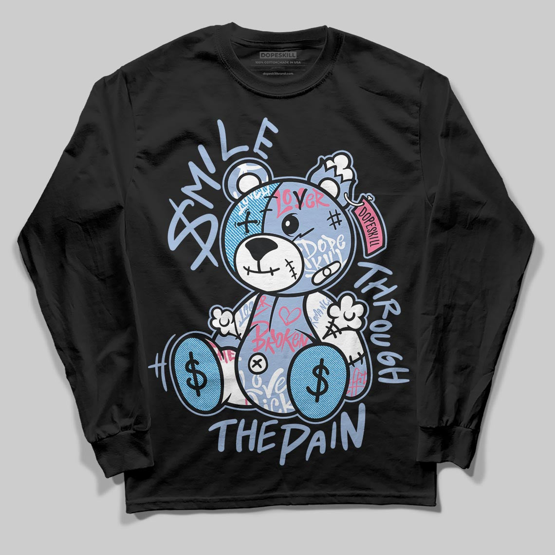 Jordan 3 GS “Denim/Pink Glow” DopeSkill Long Sleeve T-Shirt Smile Through The Pain Graphic Streetwear - Black