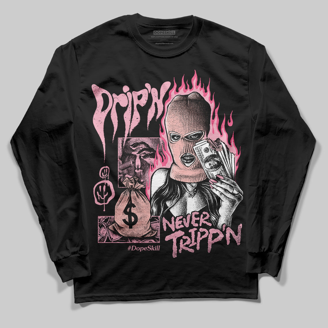 AMIRI White & Pink Stars Court Sneakers DopeSkill Long Sleeve T-Shirt Drip'n Never Tripp'n Graphic Streetwear - Black