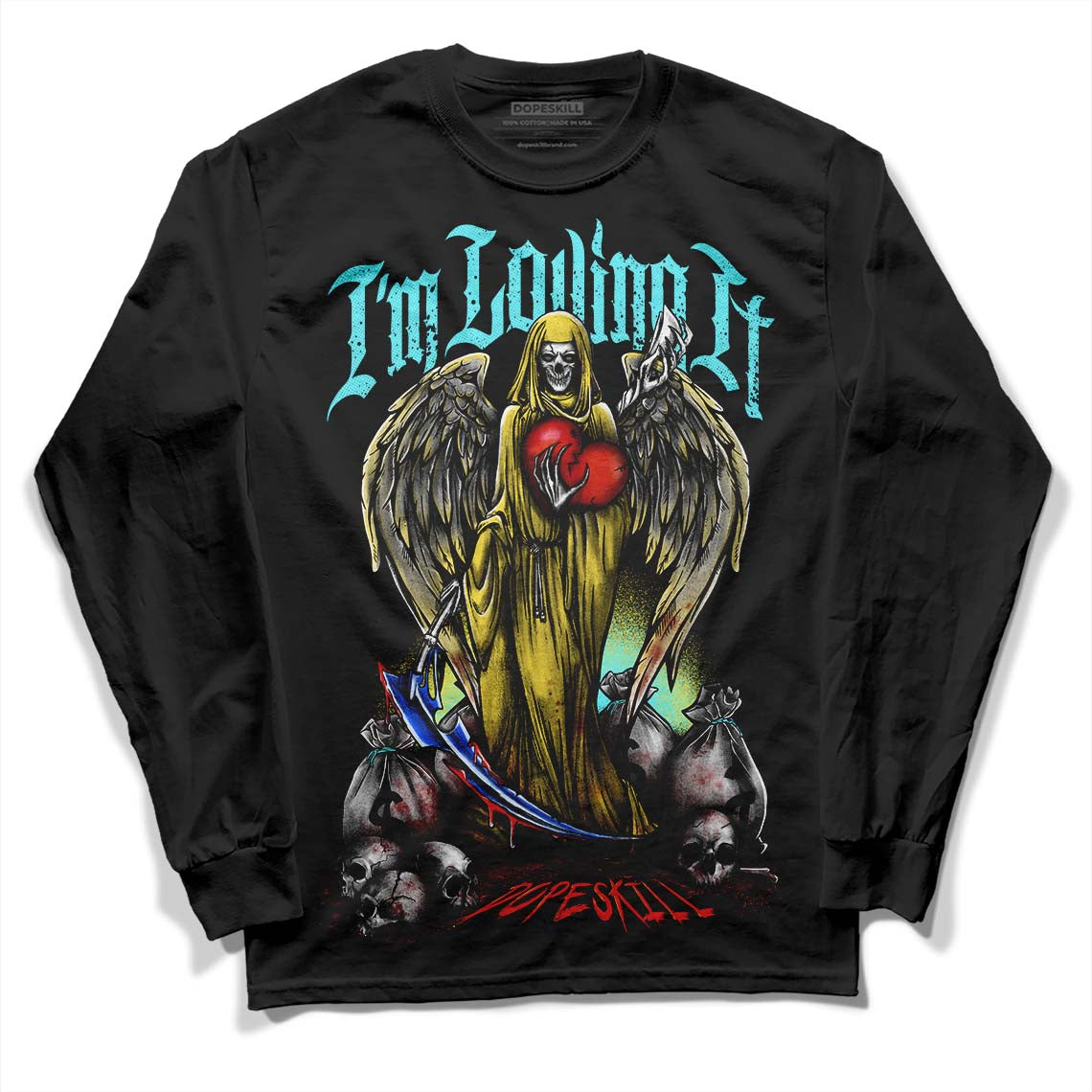 Jordan 5 Aqua DopeSkill Long Sleeve T-Shirt New I'm Loving It Graphic Streetwear - Black