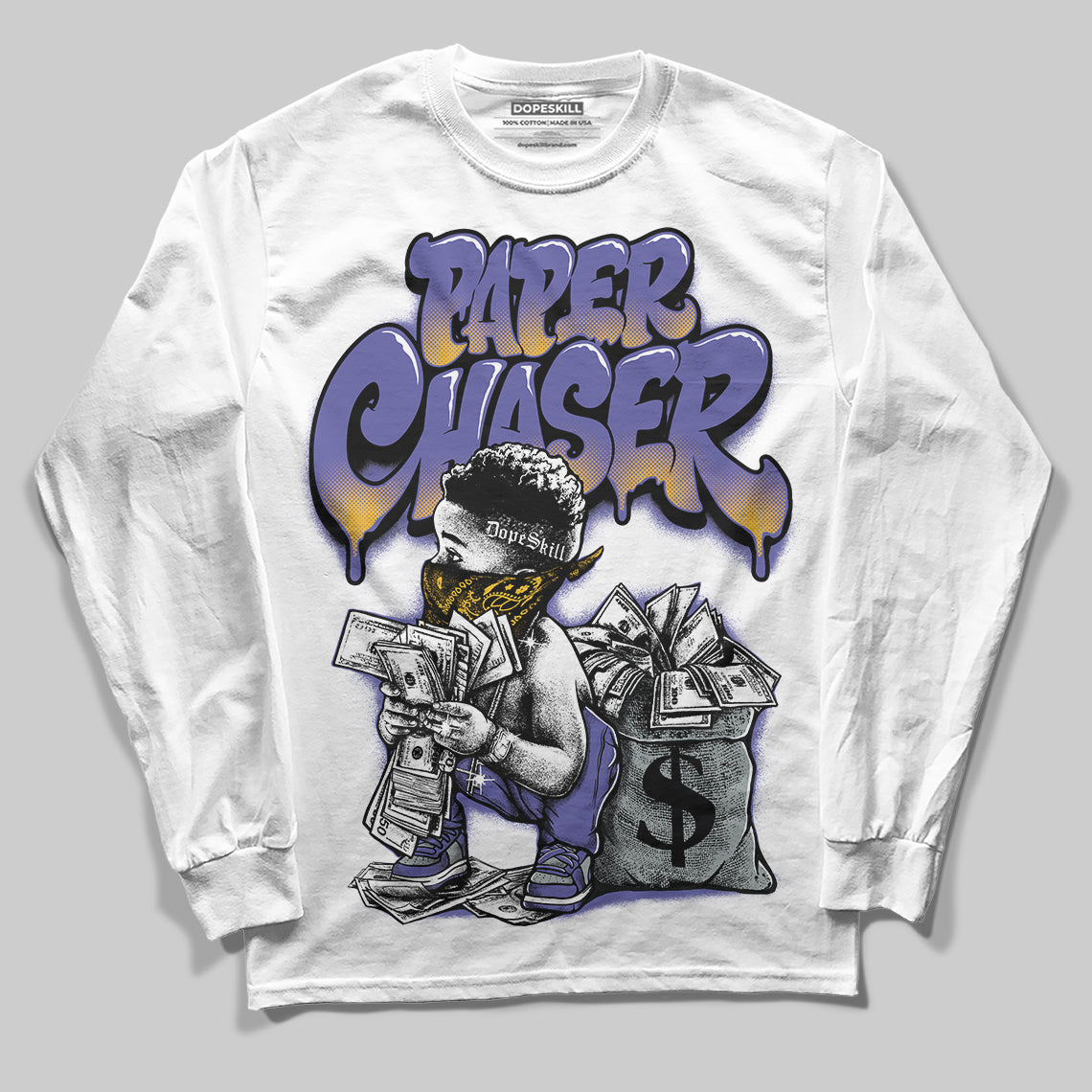 Jordan 4 Retro Lakers DopeSkill Long Sleeve T-Shirt Paper Chaser Boy Graphic Streetwear - White
