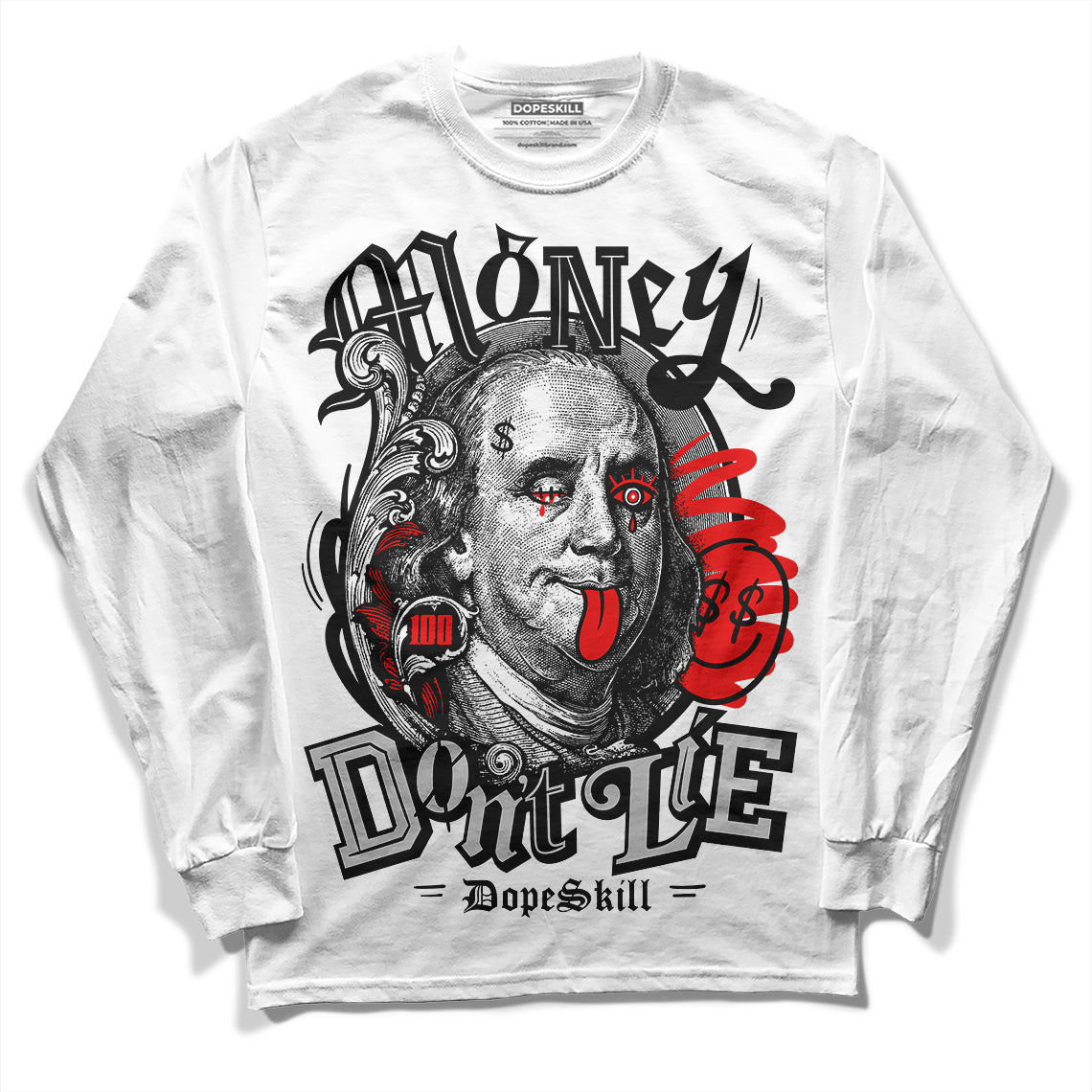 Dunk Low Panda White Black DopeSkill Long Sleeve T-Shirt Money Don't Lie Graphic Streetwear - White 