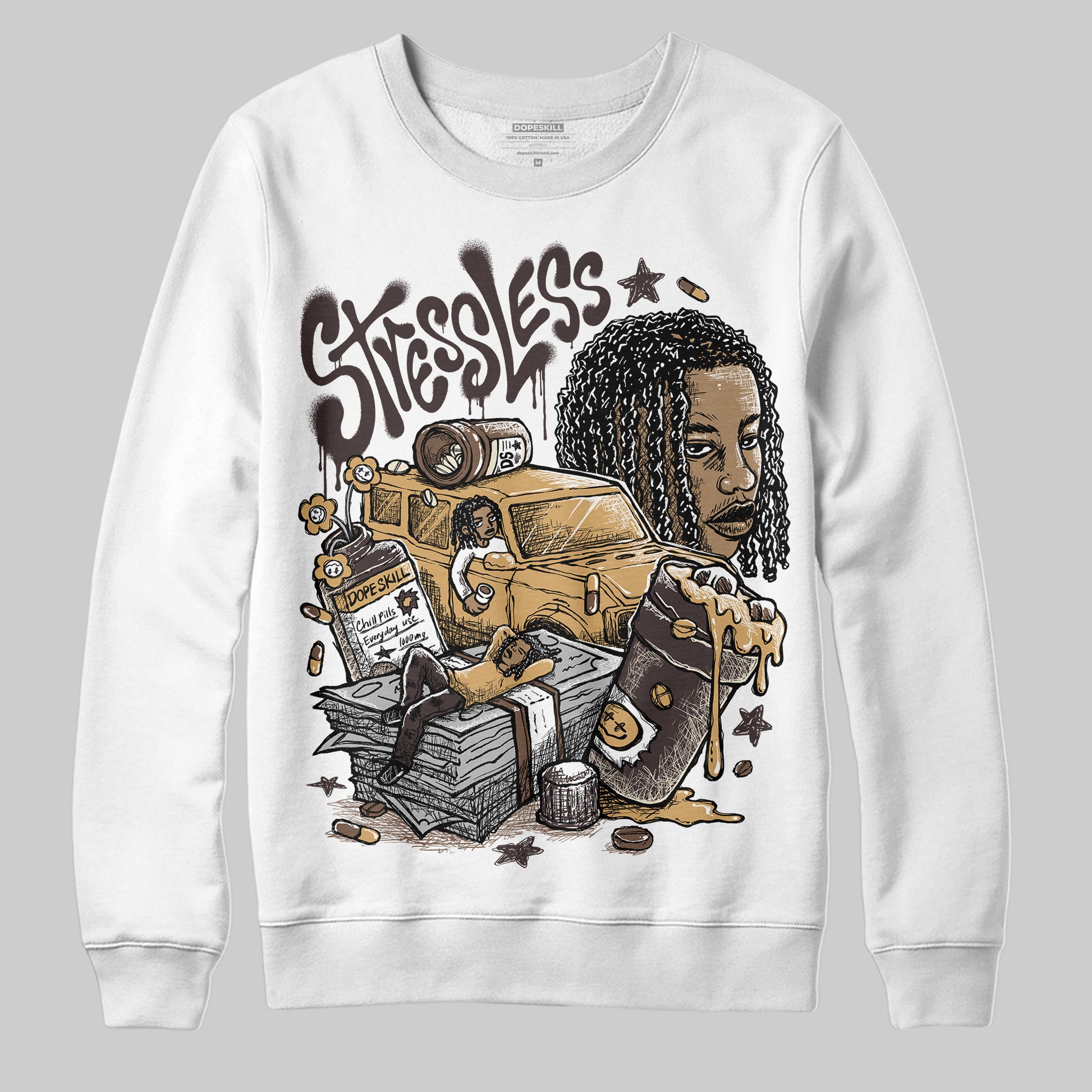 Jordan 5 “Earth/Metallic Gold” DopeSkill Sweatshirt Stressless Graphic Streetwear - White