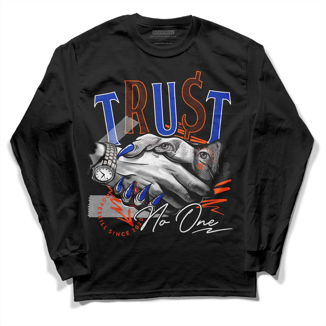 Dunk Low Futura Orange Blaze DopeSkill Long Sleeve T-Shirt Trust No One Graphic Streetwear - Black