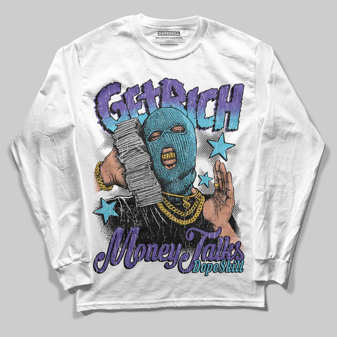 Jordan 8 Retro 'Aqua' 2025 DopeSkill Long Sleeve T-Shirt Get Rich Graphic Streetwear - White 