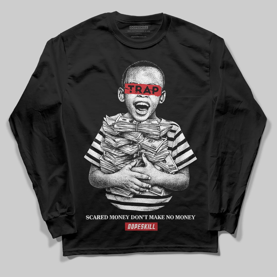 Black and White Sneakers DopeSkill Long Sleeve T-Shirt Scared Money Don't Make No Money Graphic Streetwear - Black
