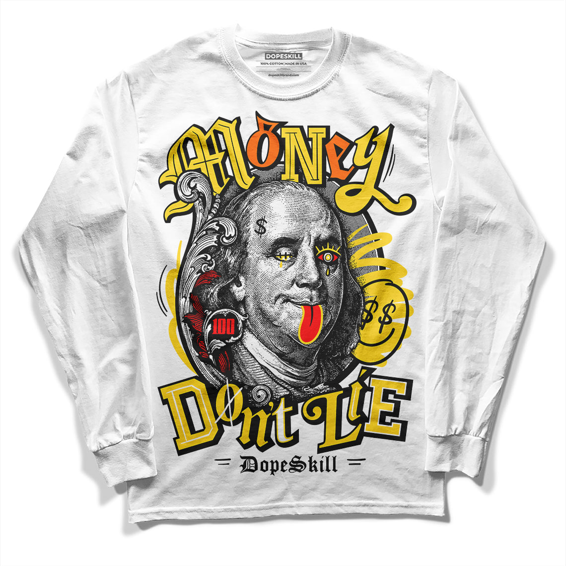 Jordan 4 Thunder DopeSkill Long Sleeve T-Shirt Money Don't Lie Graphic Streetwear - White