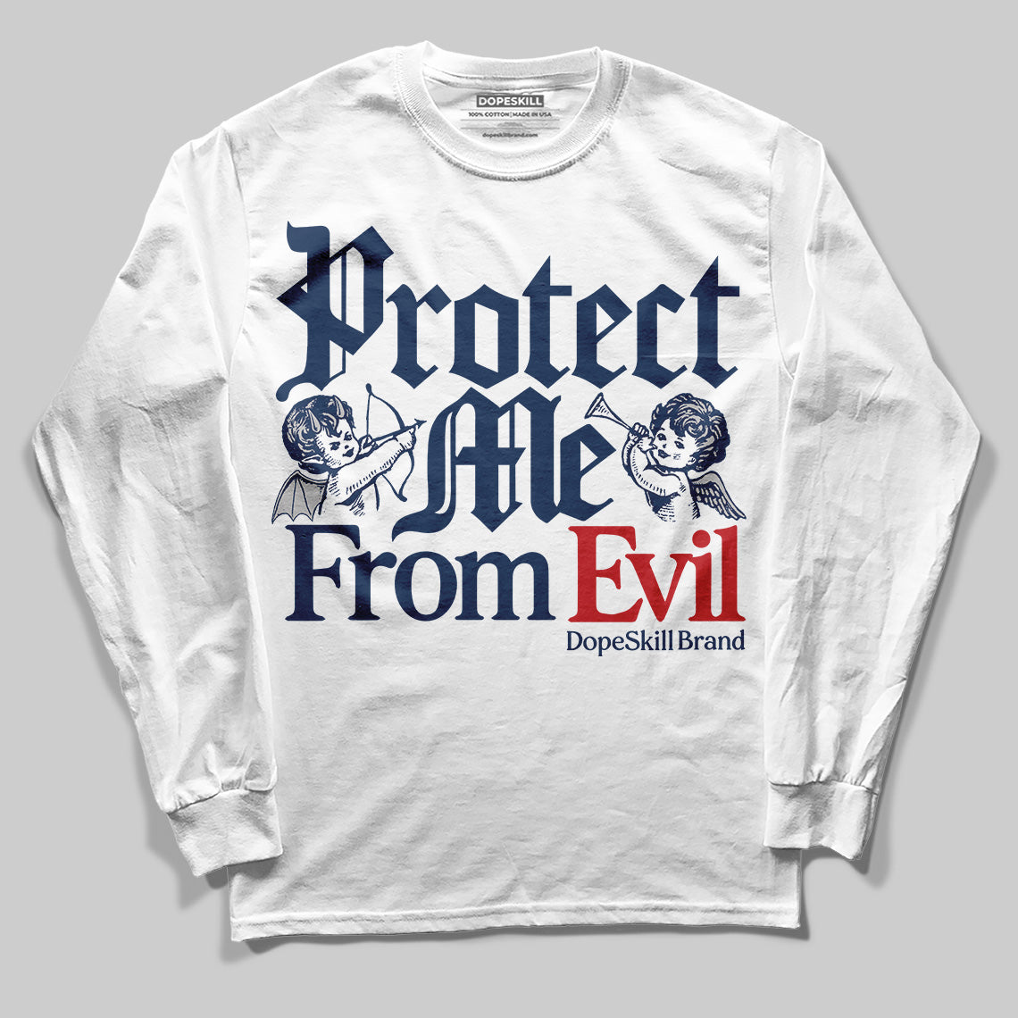 Jordan 4 SB “Summit White/Navy” DopeSkill Long Sleeve T-Shirt Protect Me From Evil Graphic Streetwear - White