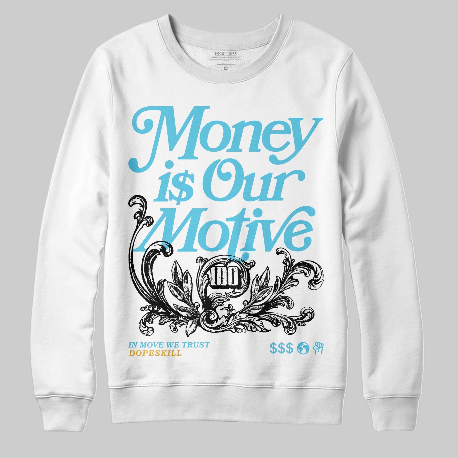 Jordan 11 Retro Gamma Blue (2025) DopeSkill Sweatshirt Money Is Our Motive Typo Graphic Streetwear - White
