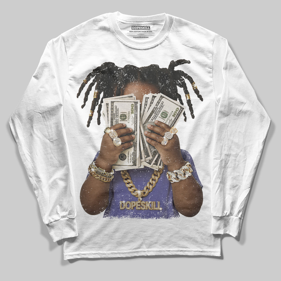 Jordan 4 Retro Lakers DopeSkill Long Sleeve T-Shirt Rich Youth Graphic Streetwear - White 
