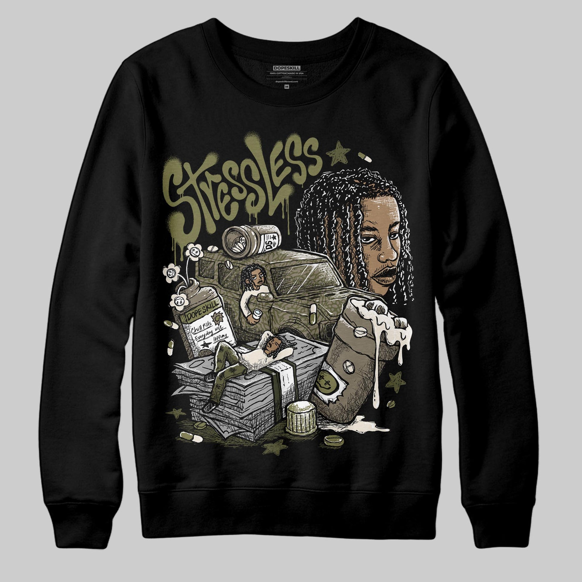 Jordan 3 “Medium Olive” aka “Family Affair” DopeSkill Sweatshirt Stressless Graphic Streetwear - Black
