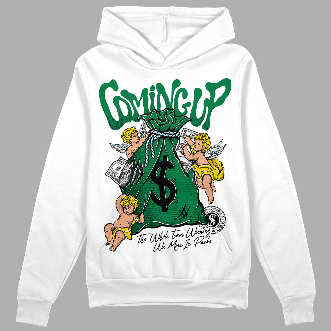 Jordan 5 “Lucky Green” DopeSkill Hoodie Sweatshirt Money Bag Coming Up Graphic Streetwear - White