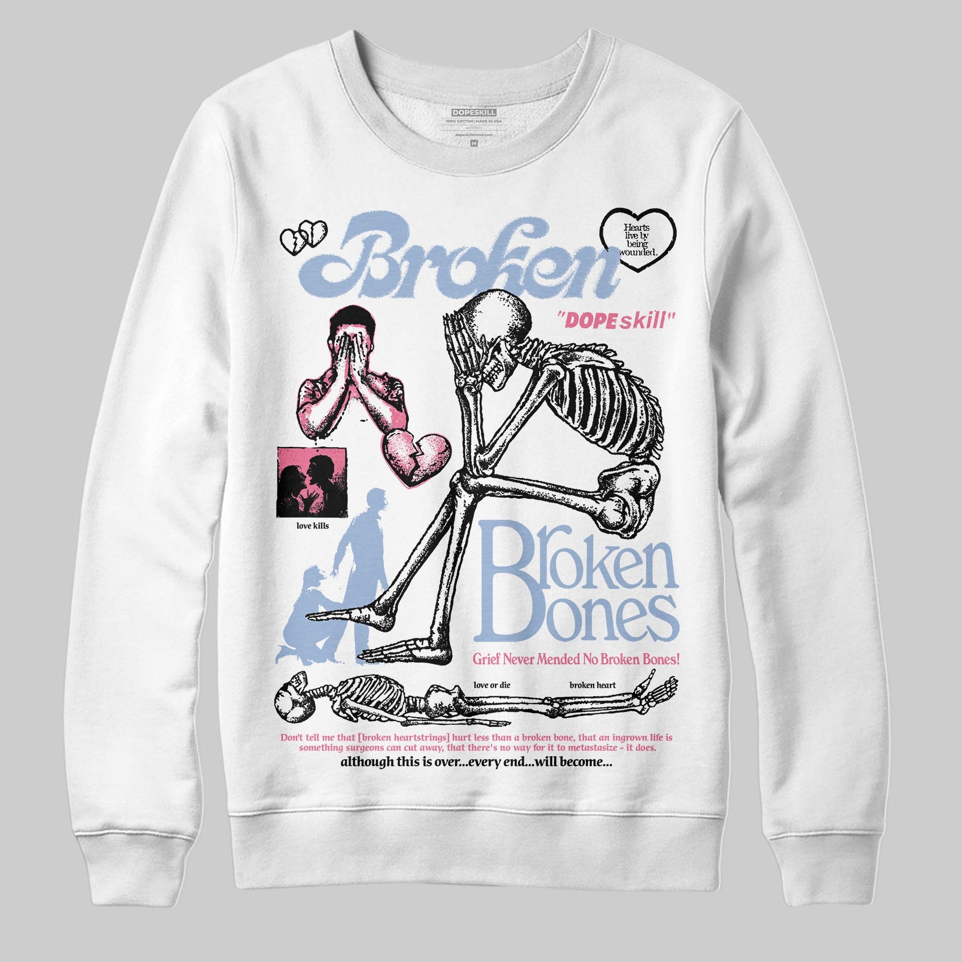 Jordan 3 GS “Denim/Pink Glow” DopeSkill Sweatshirt Broken Bones Graphic Streetwear - White 