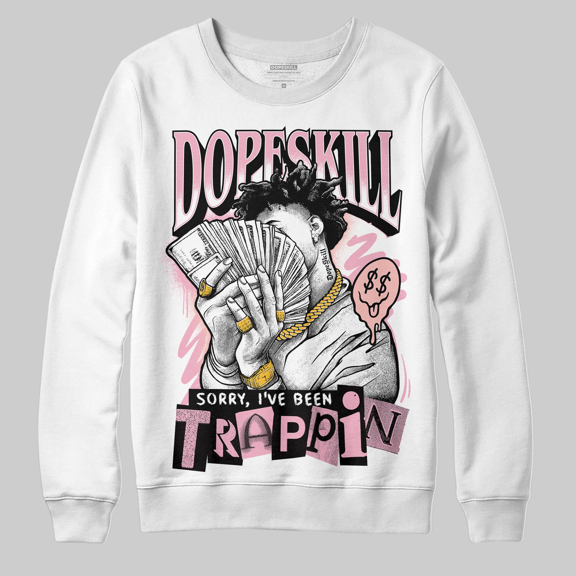 AMIRI White & Pink Stars Court Sneakers DopeSkill Sweatshirt Sorry I've Been Trappin Graphic Streetwear - White